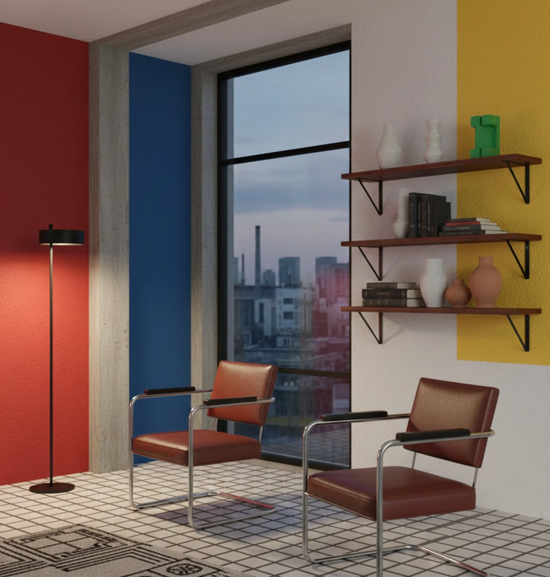 Room with rental furniture in vibrant colors and antiques.
