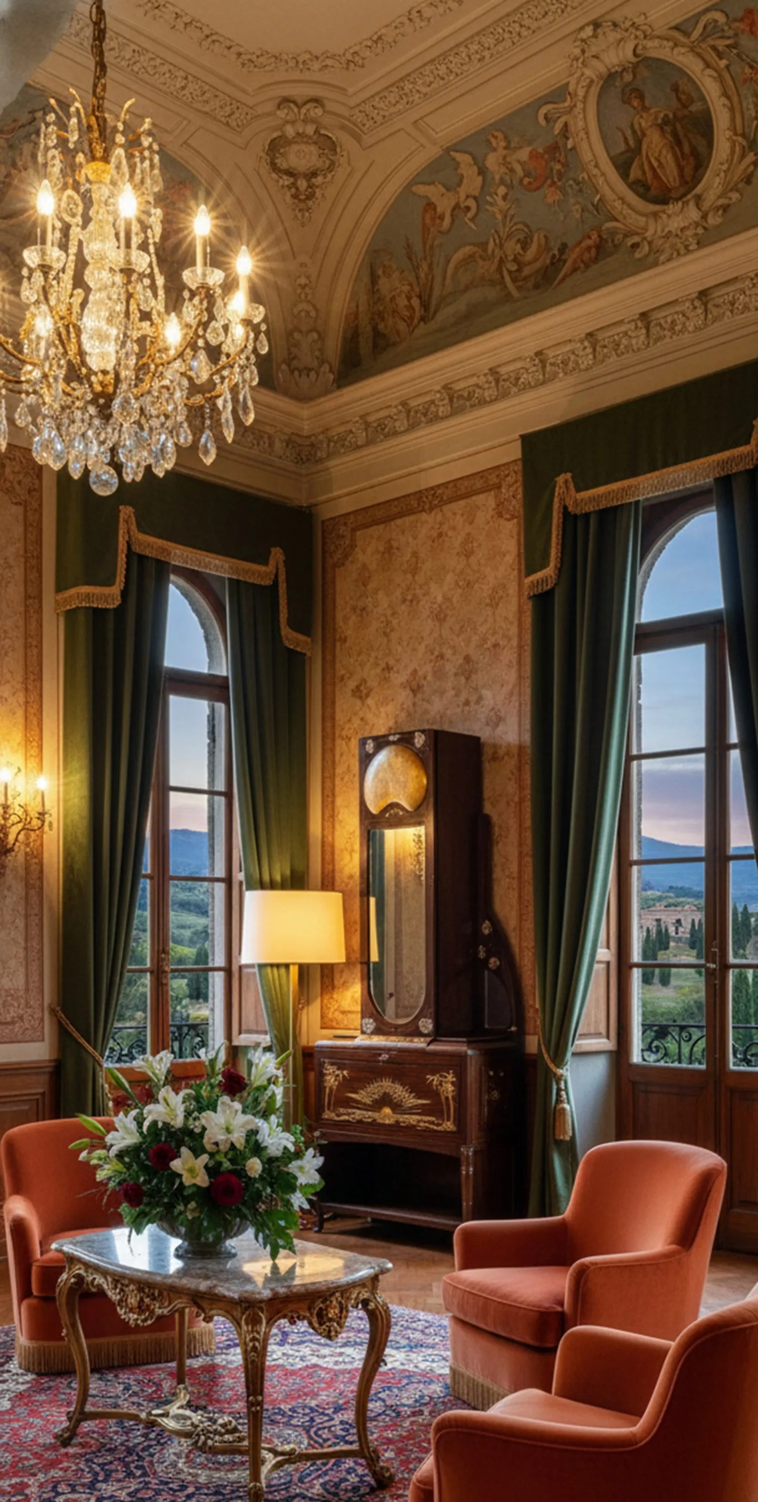 elegantes Wohnzimmer mit Lampe, Stühlen und altem Buch