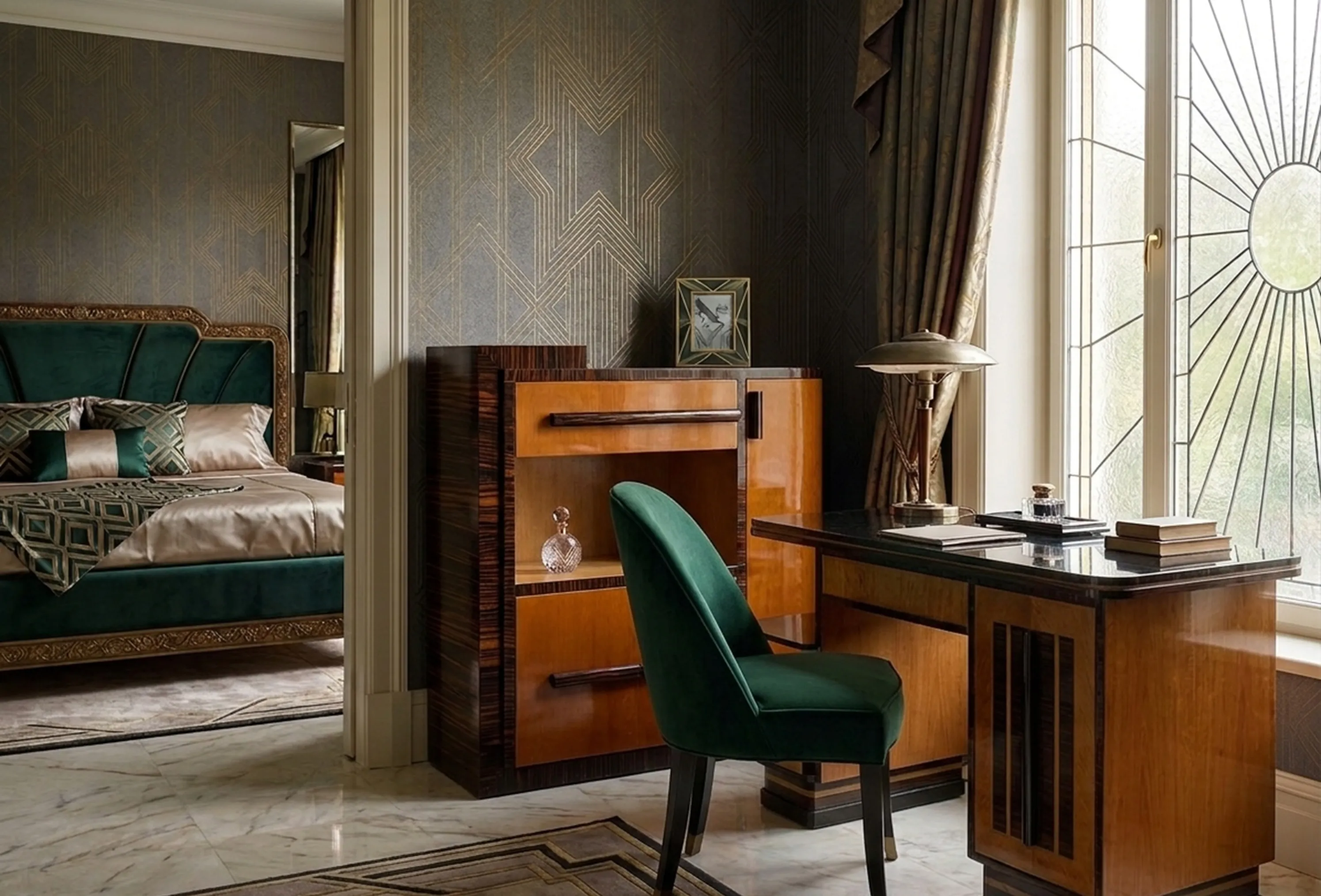 Antique style desk with green chair in an elegant setting.