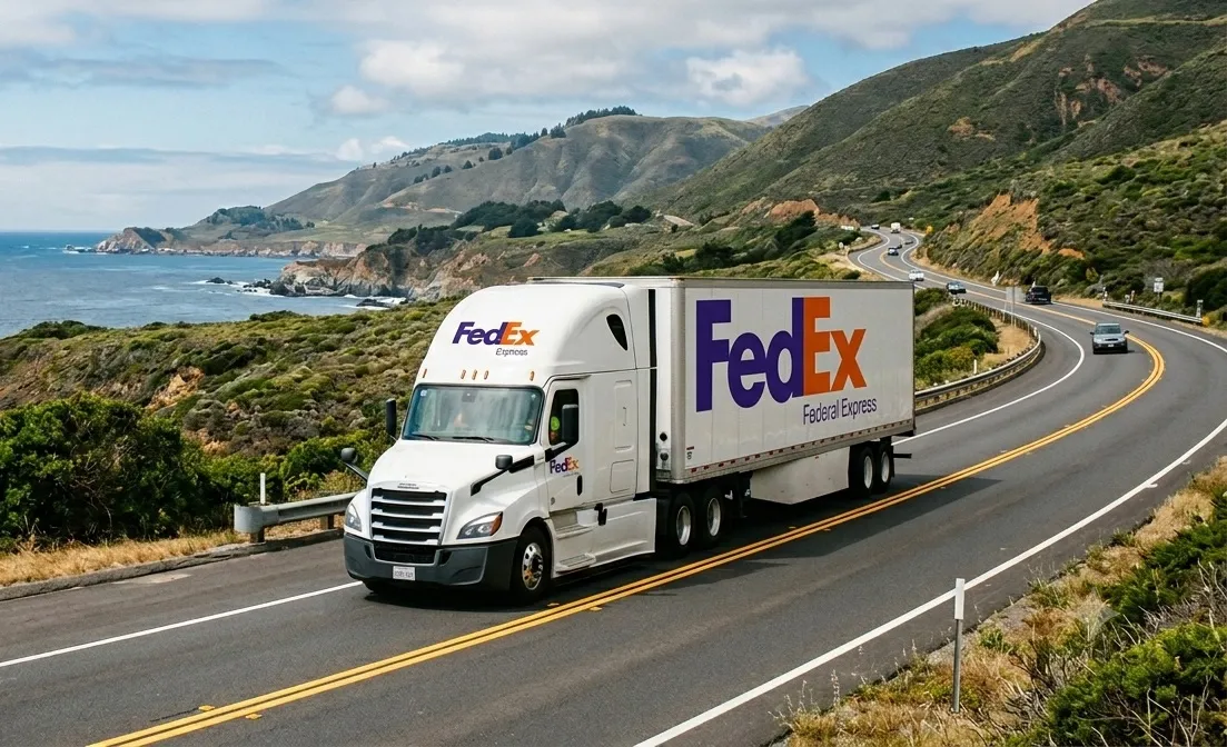 Antique delivery truck driving along a coastal road.