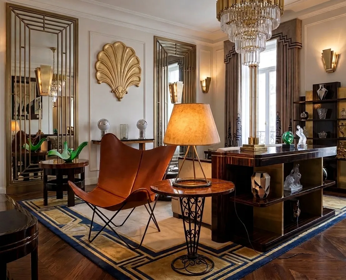 Salle décorée avec des antiquités et des meubles élégants, luminaires et décorations