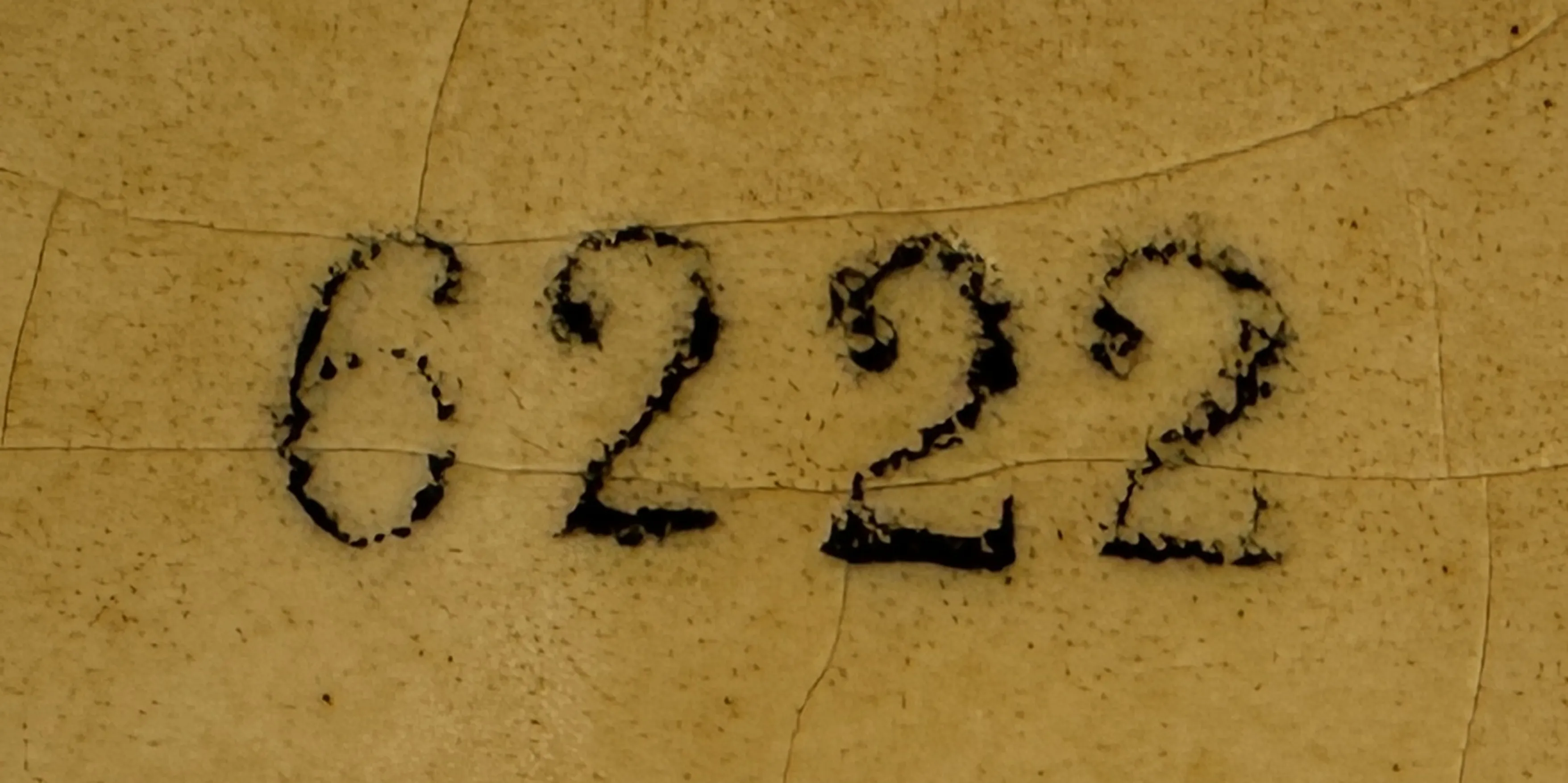 Details of an antique with serial number 6222, light worn background.