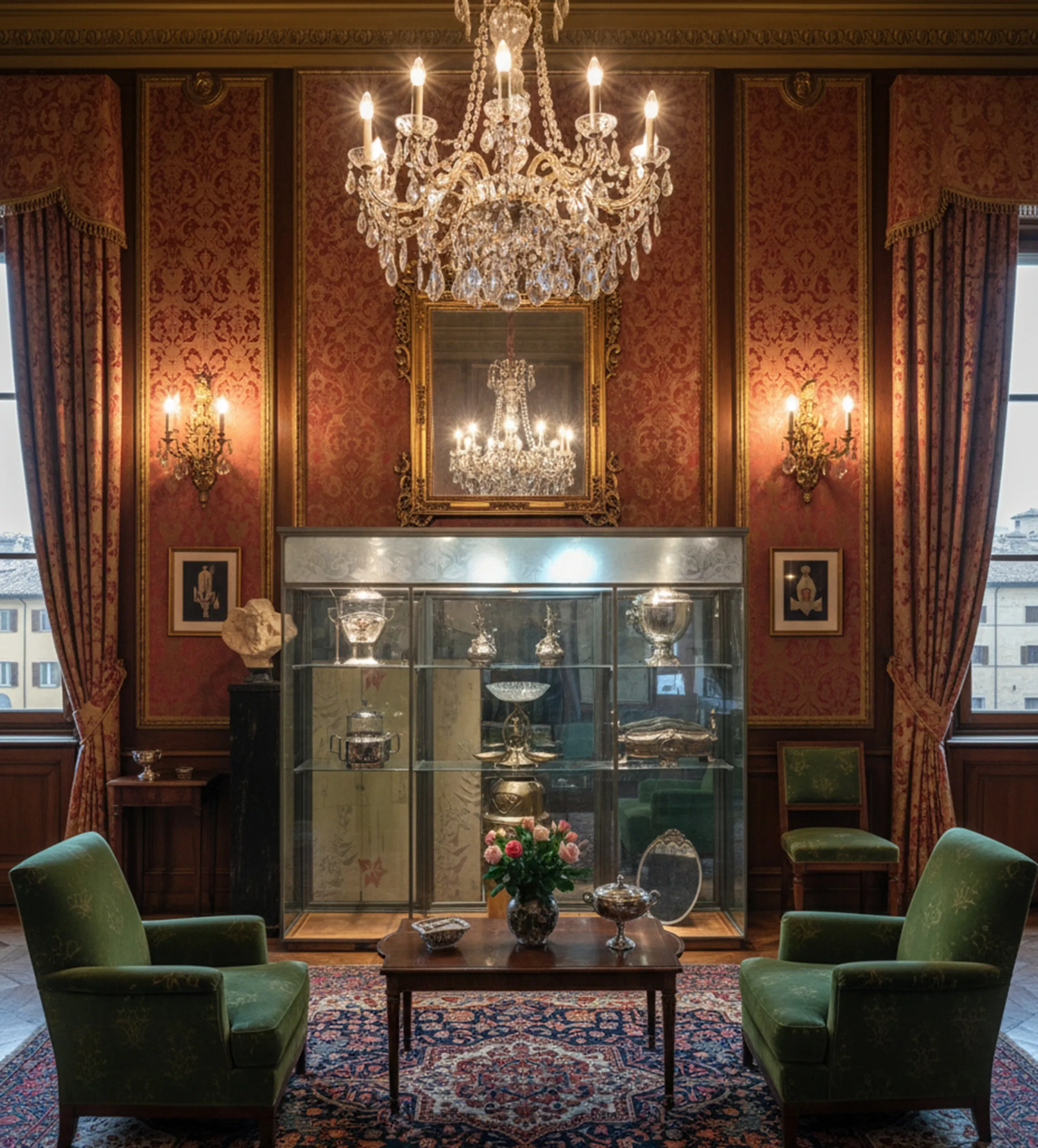 Vitrina antigua con objetos de decoración en un ambiente elegante