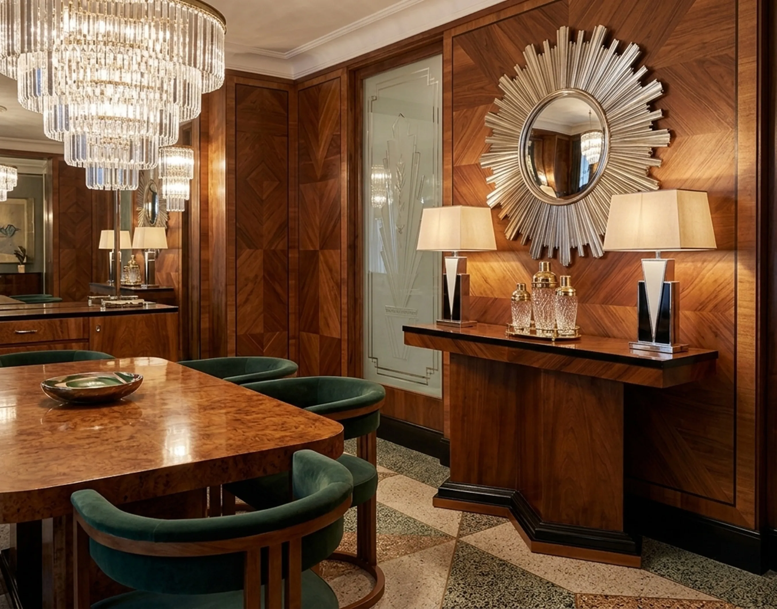 due dresuars antichi in un ambiente classico ed elegante con lampade e specchi