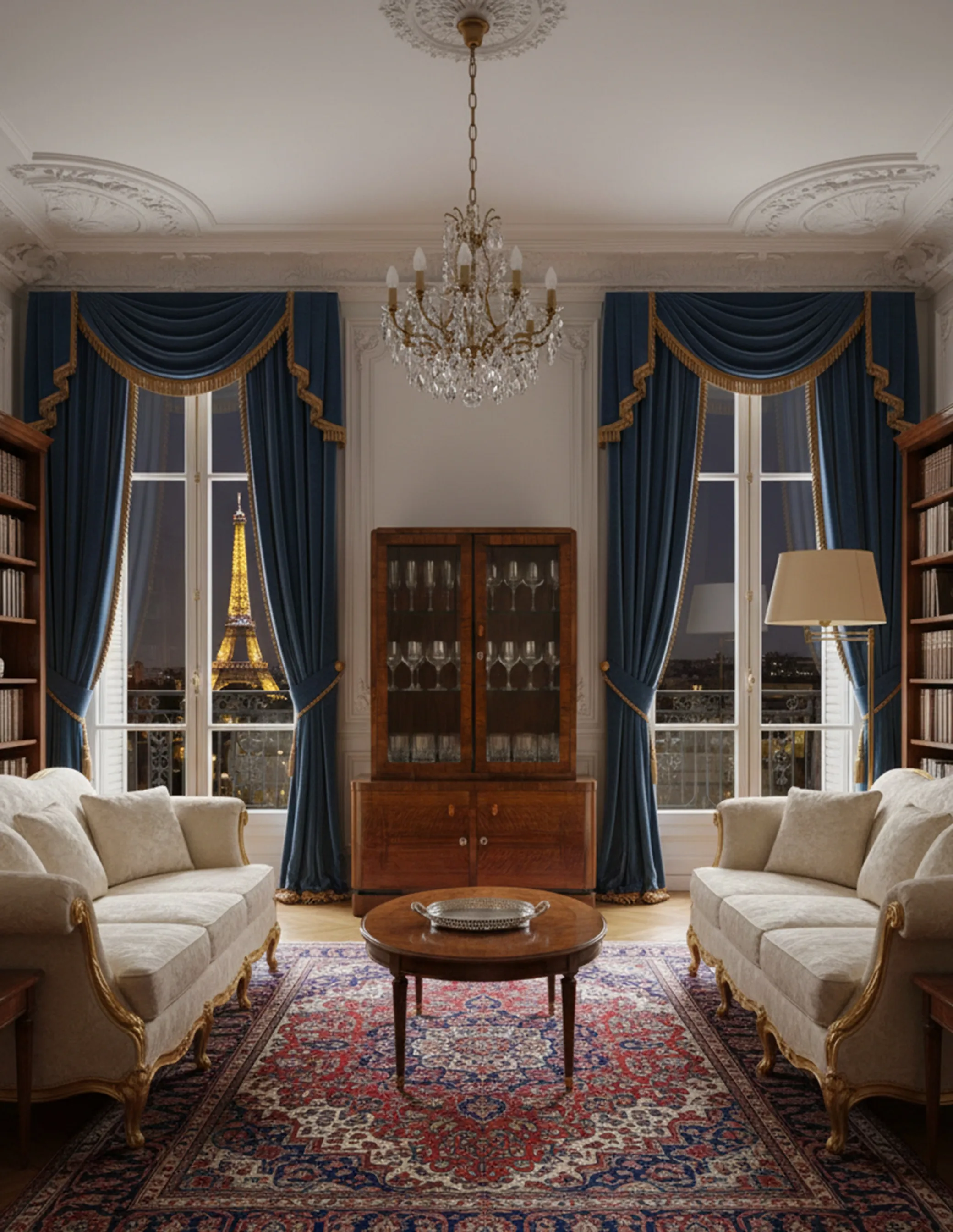 biblioteca antigua en una habitación elegante con sofá y mesa