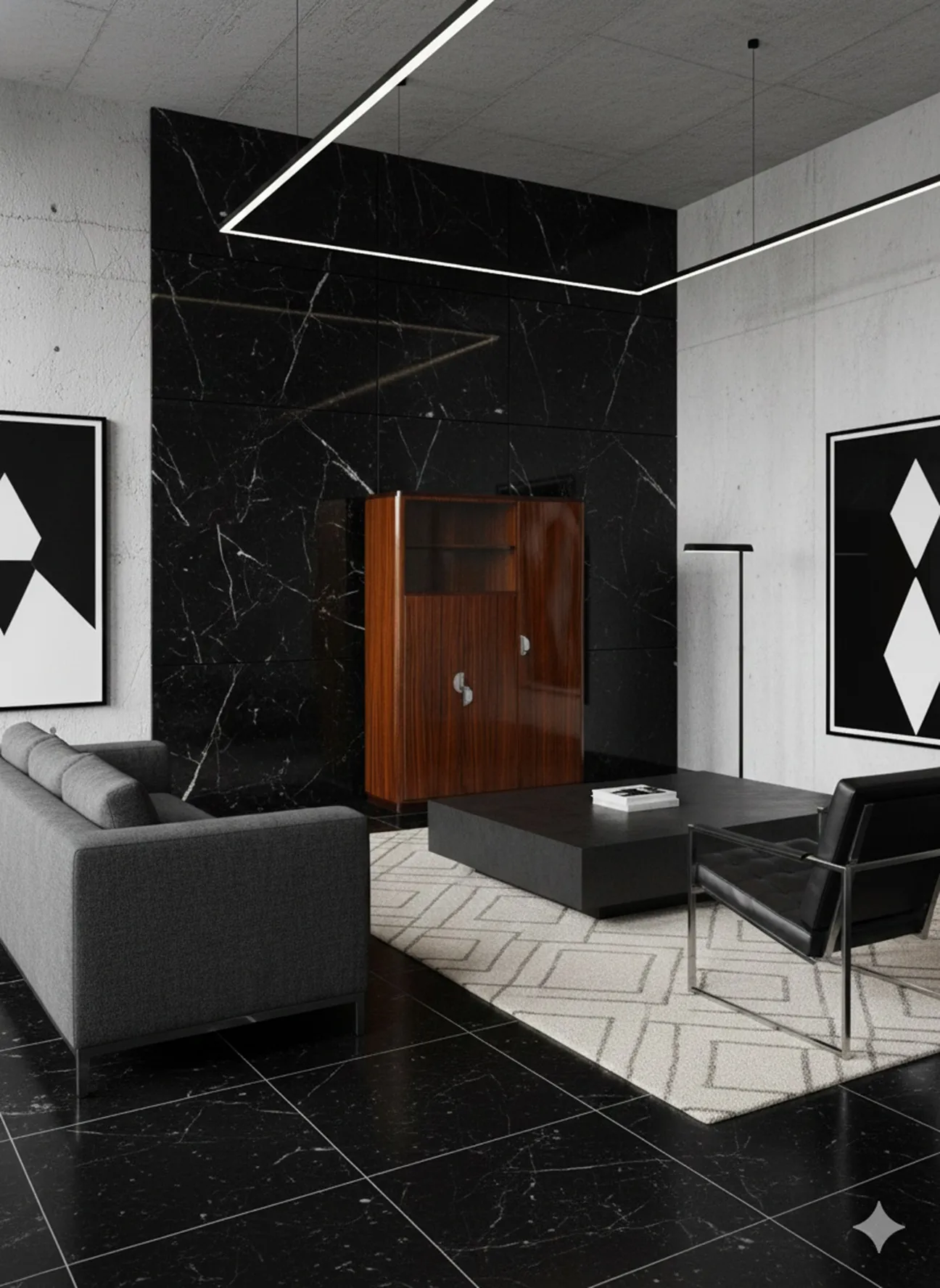 biblioteca antigua en un entorno moderno, con sofá y mesa