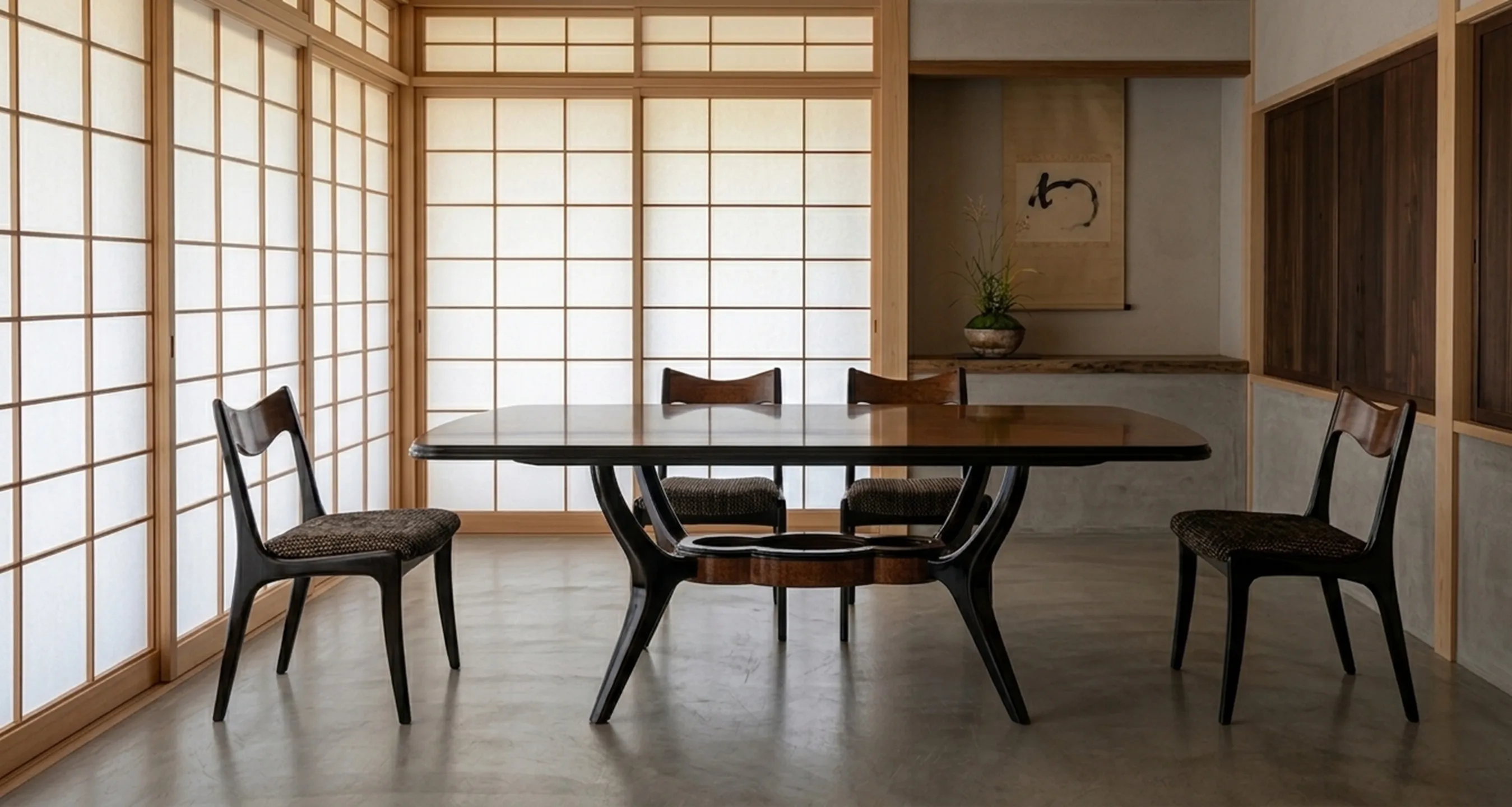 Antique dining table for 8 people in a cozy setting