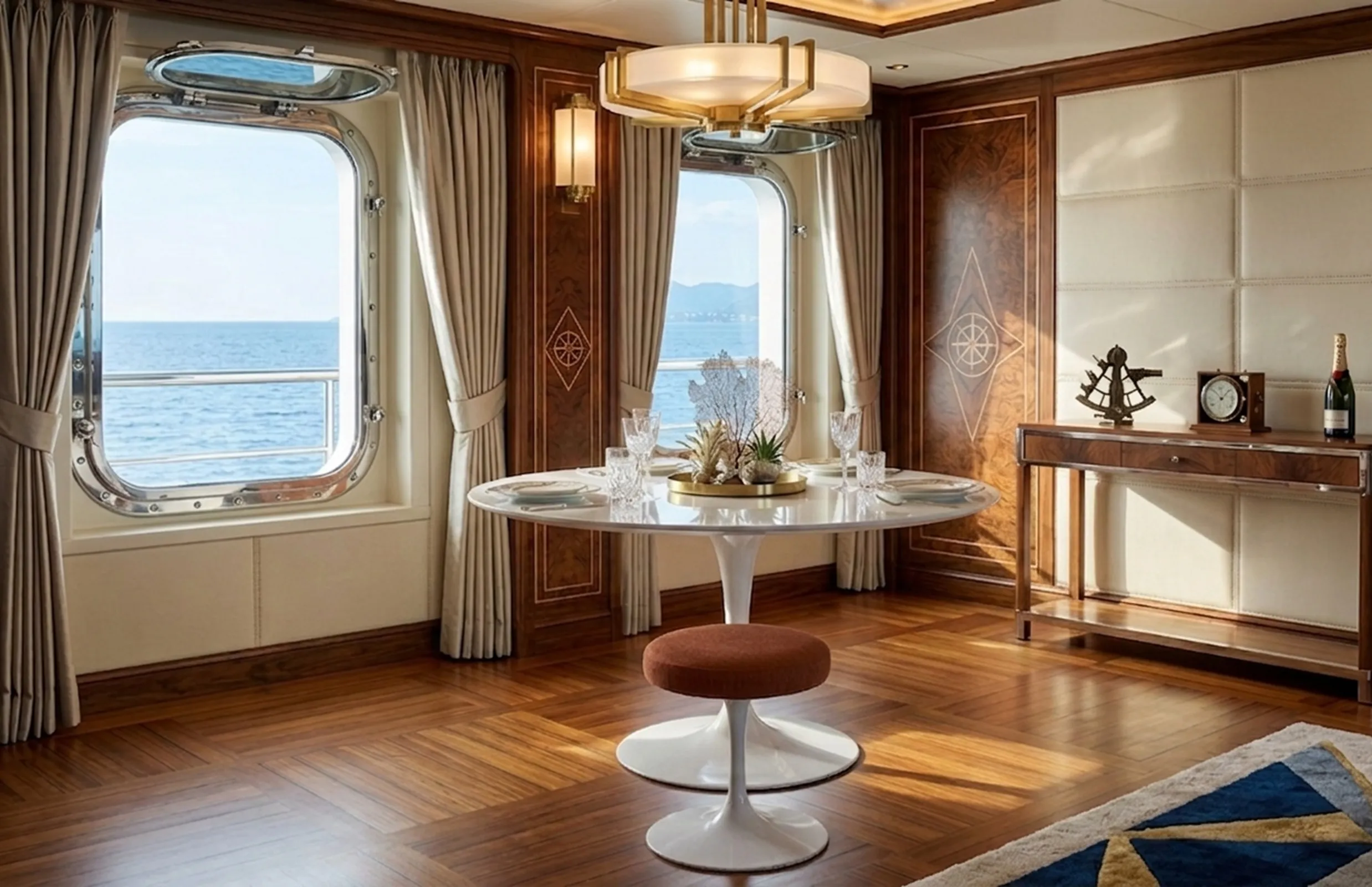 Antique dining table for 7 people, elegant view with ocean background.