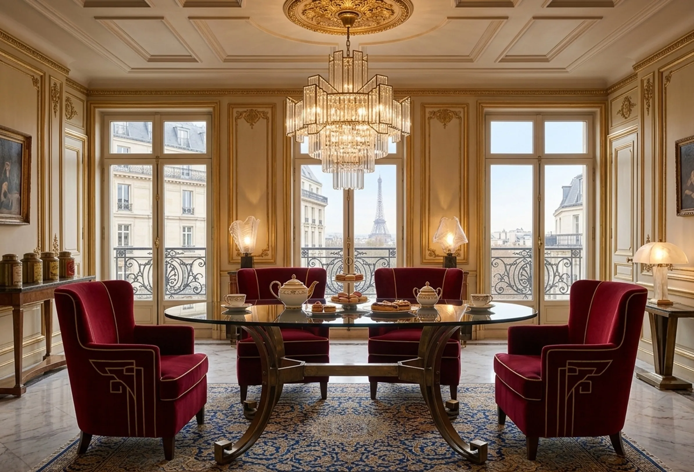 Antique dining table for 6 people, elegant setting with lamps and a view.