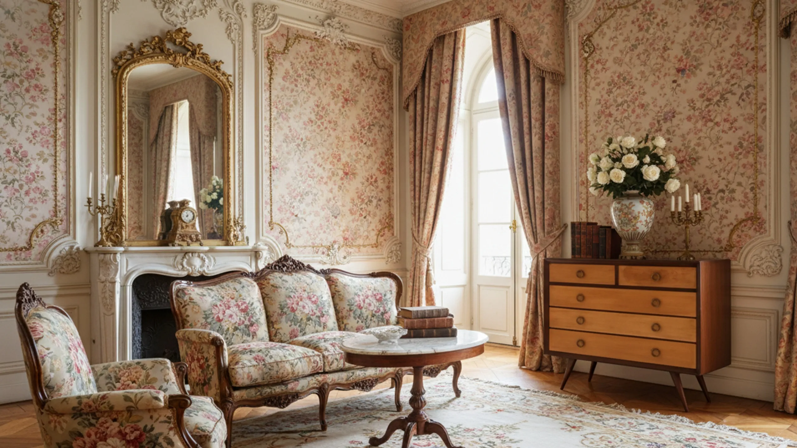 Antique cabinet with floral details in an elegant living room.