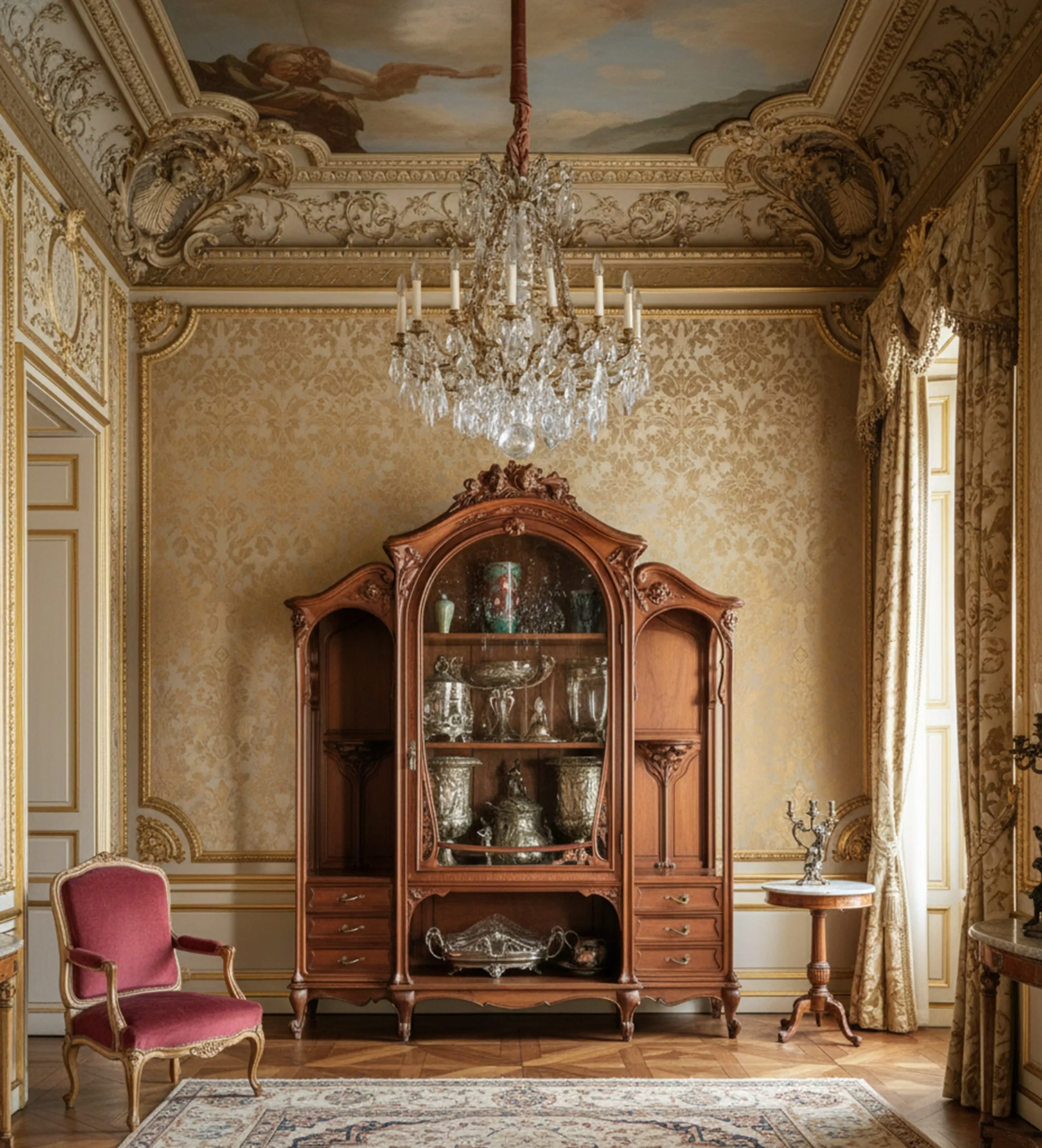 Vitrina antigua E.Dienst en un elegante ambiente decorativo.