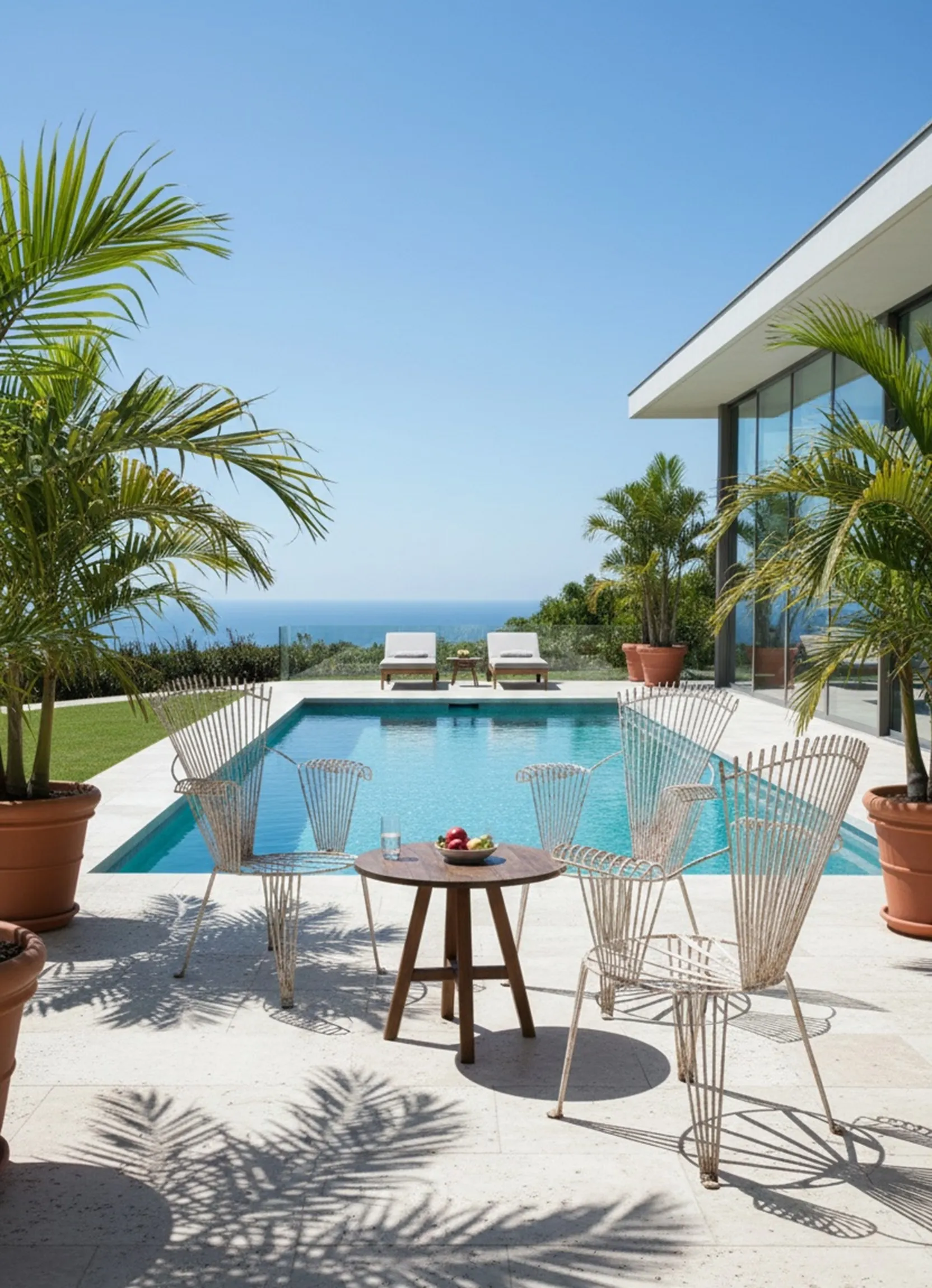 Quatro poltronas de jardim antigas ao lado de uma piscina