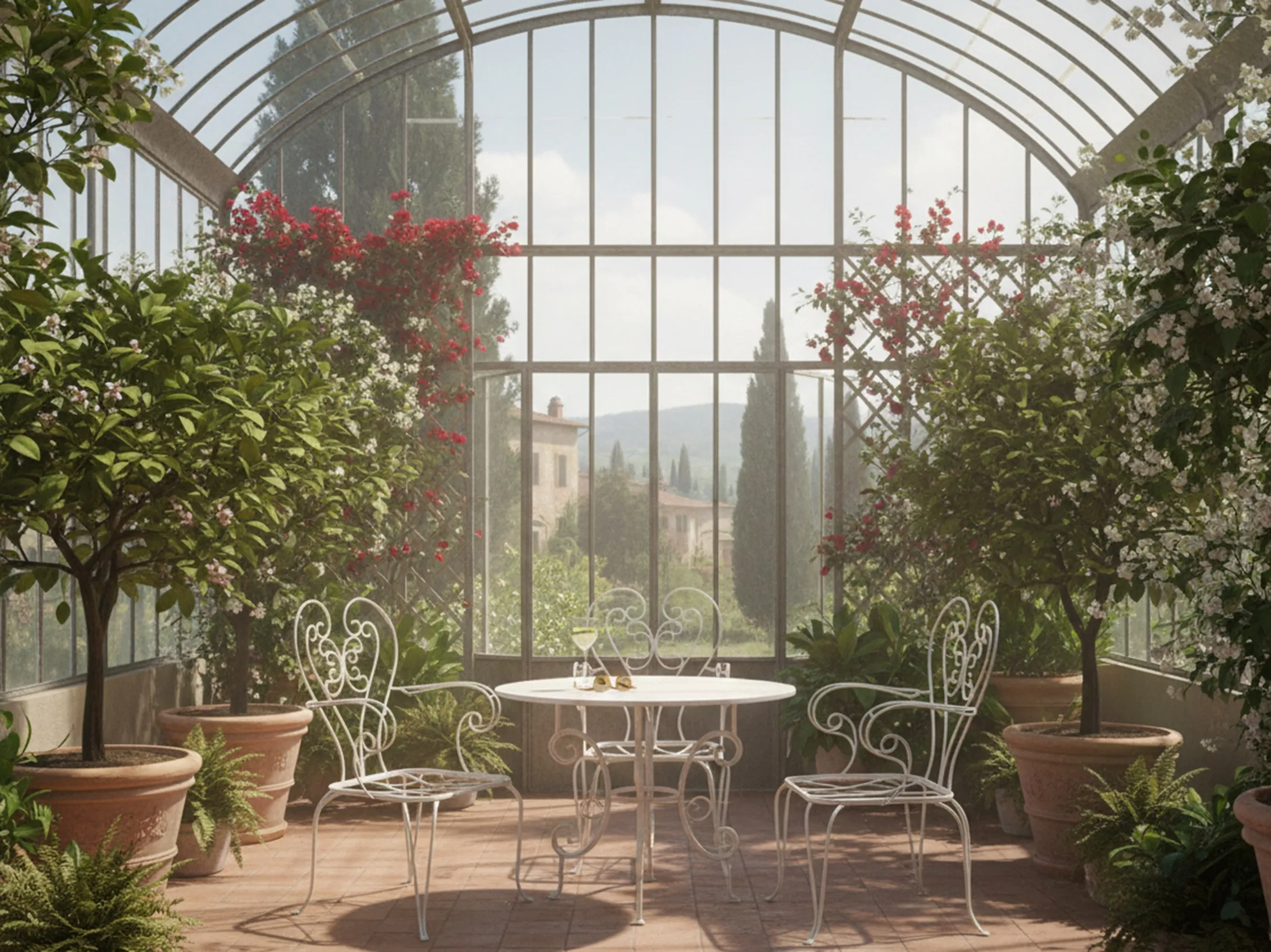 Três poltronas de jardim antigas cercadas por plantas e flores em um ambiente acolhedor.