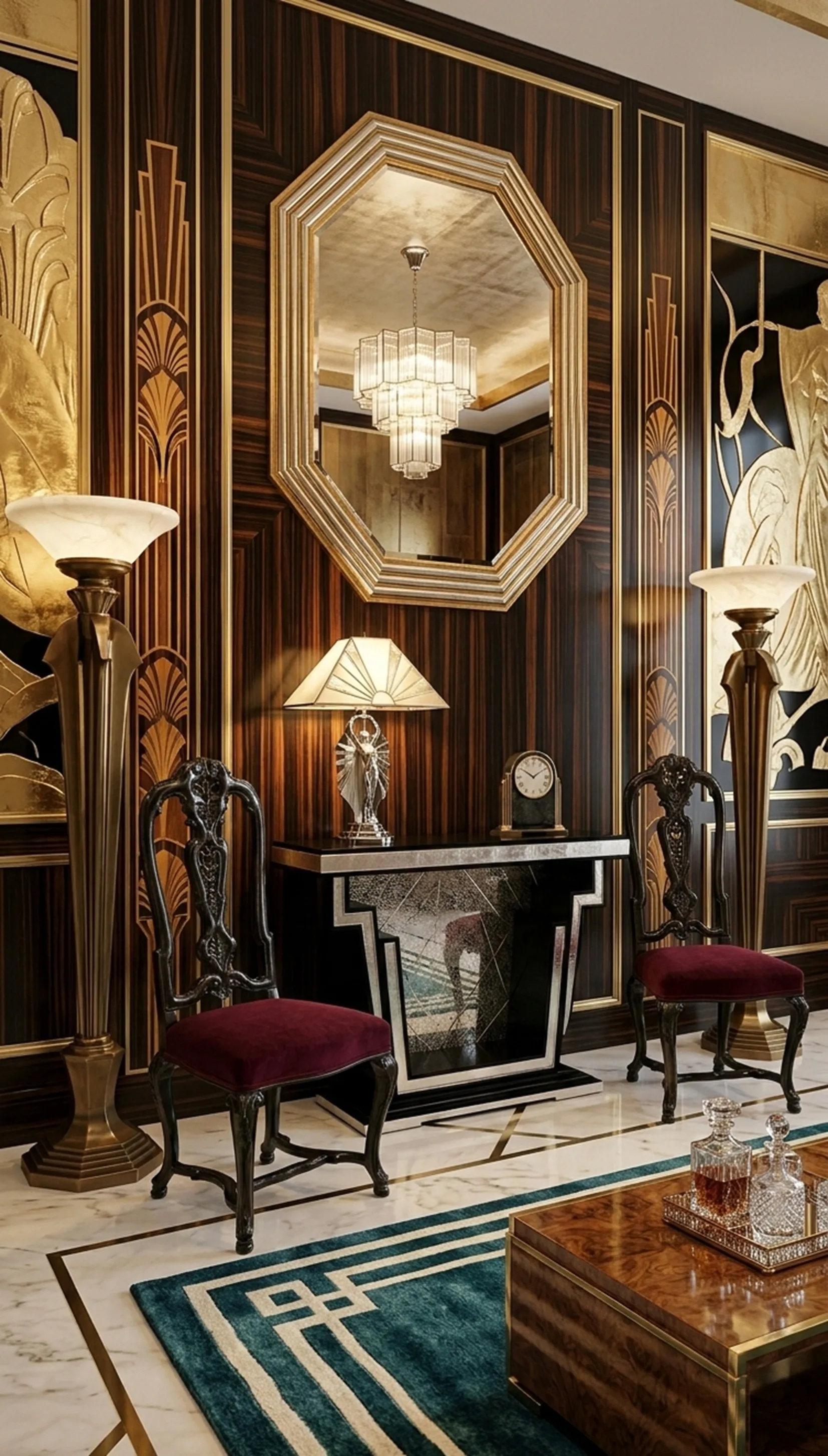 दो प्राचीन कुर्सियाँ लाल मखमल में एक सुरुचिपूर्ण सेटिंग में