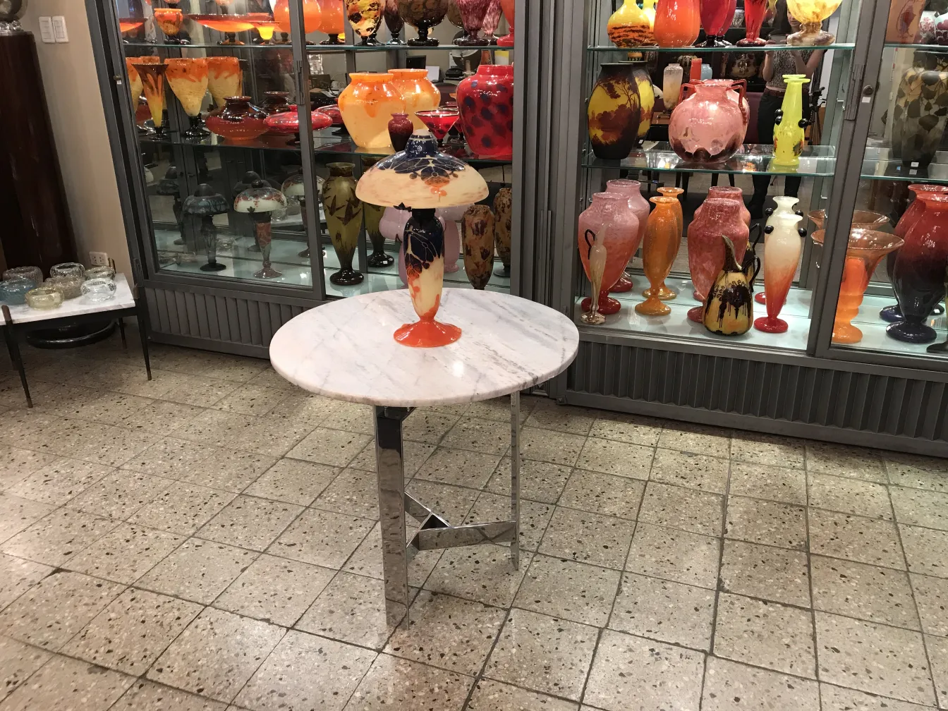 签名玻璃灯，背景是各种彩色玻璃物品