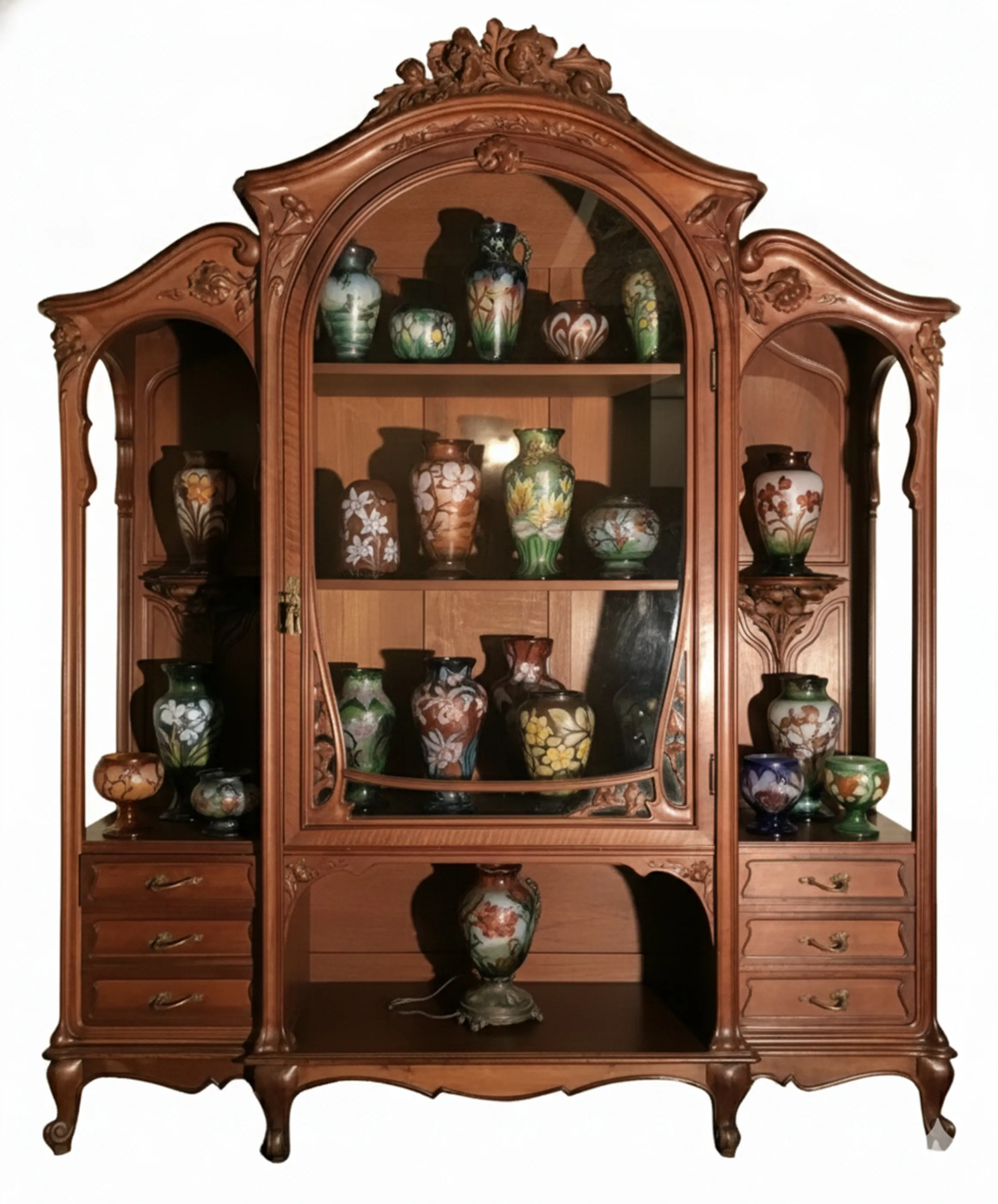 vitrina antigua de E.Dienst en París con jarrones decorativos