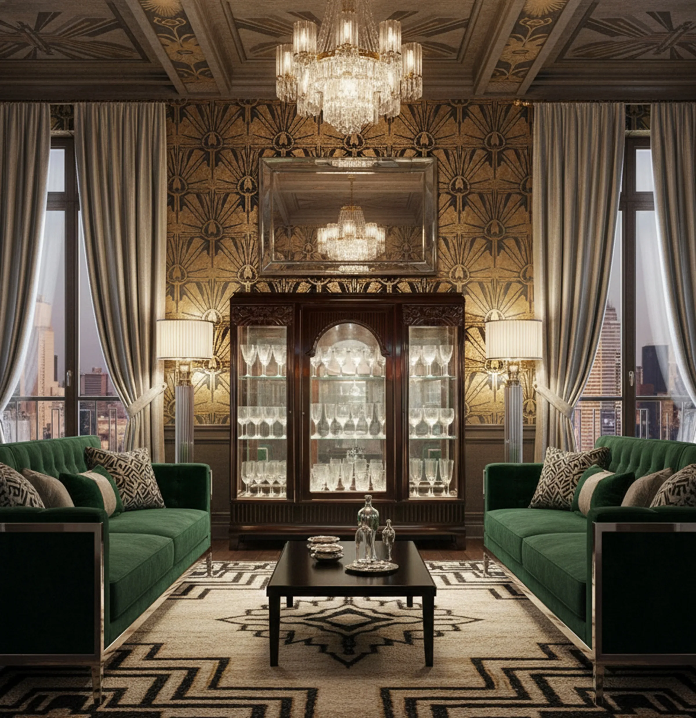 vitrina antigua con cristales decorativos en un salón elegante