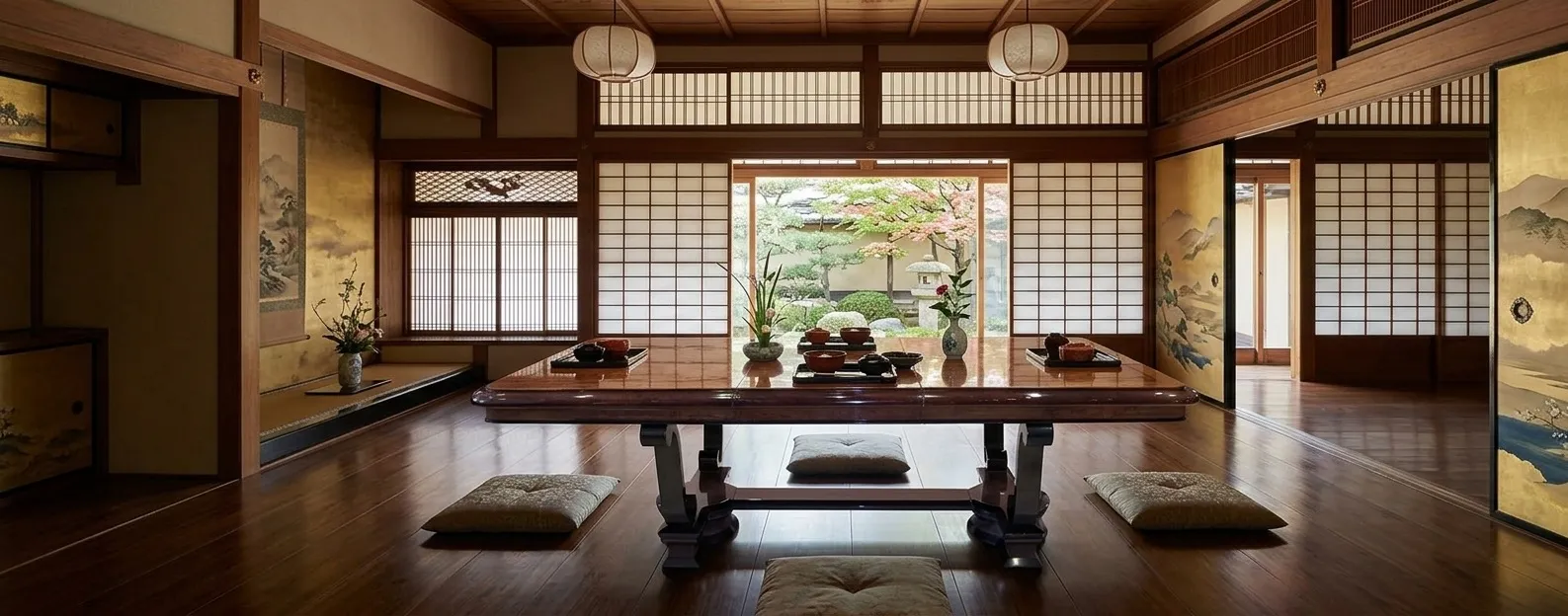 Antique dining table for 10 people in elegant living room.