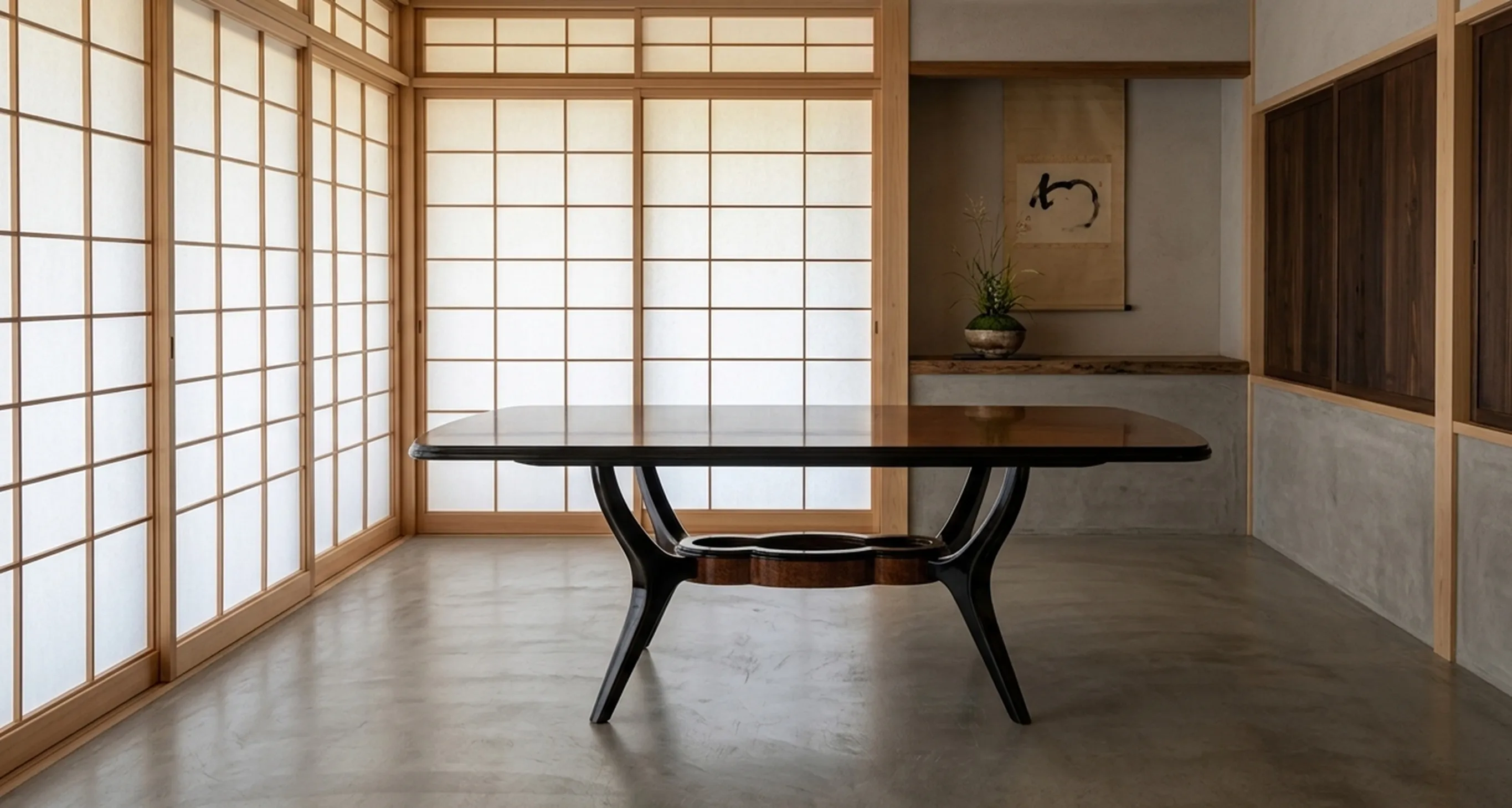 Antique dining table for 8 people in a minimalist setting.