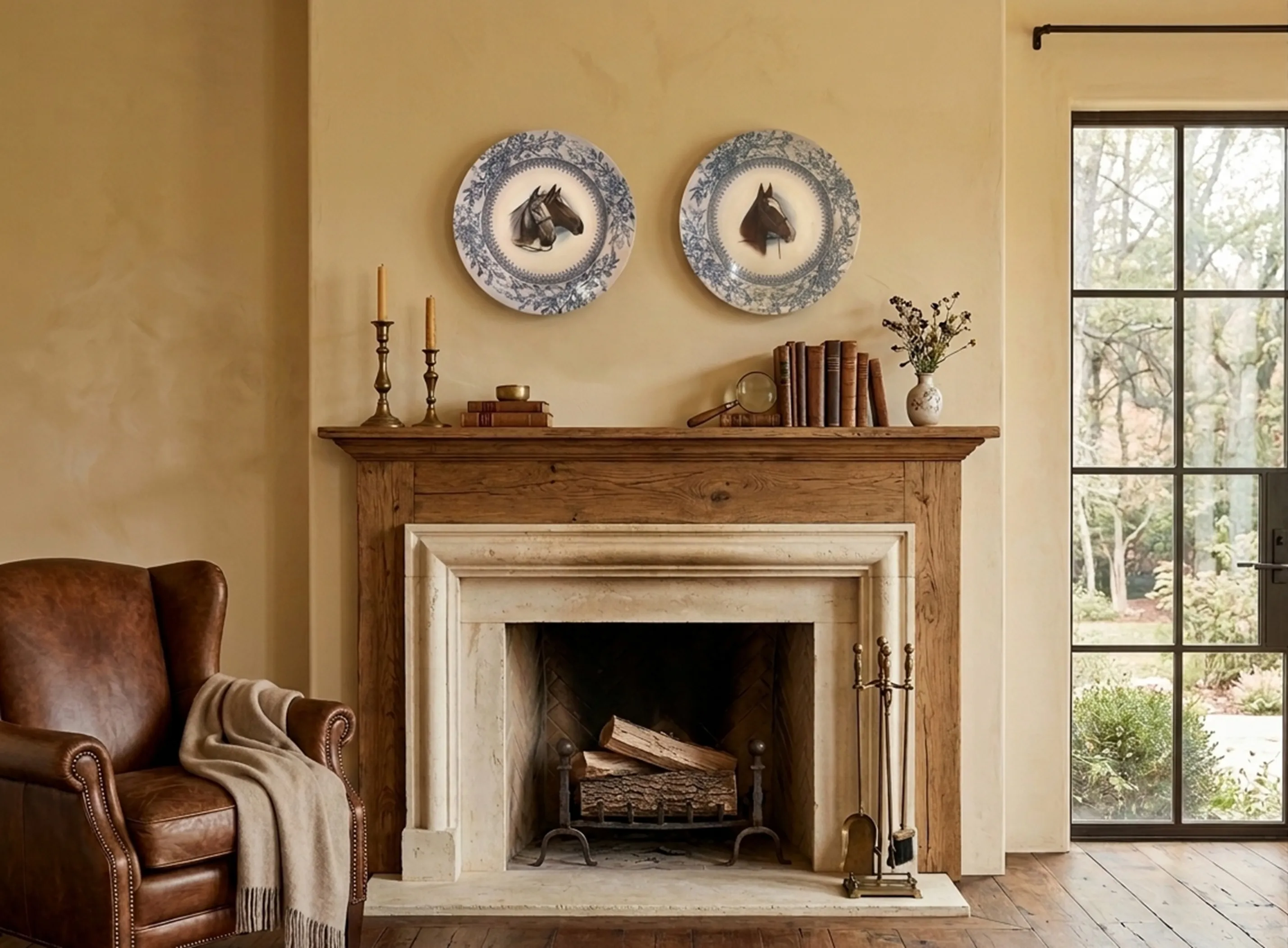 Antica ceramica decorativa con immagini di cavalli in un ambiente accogliente.