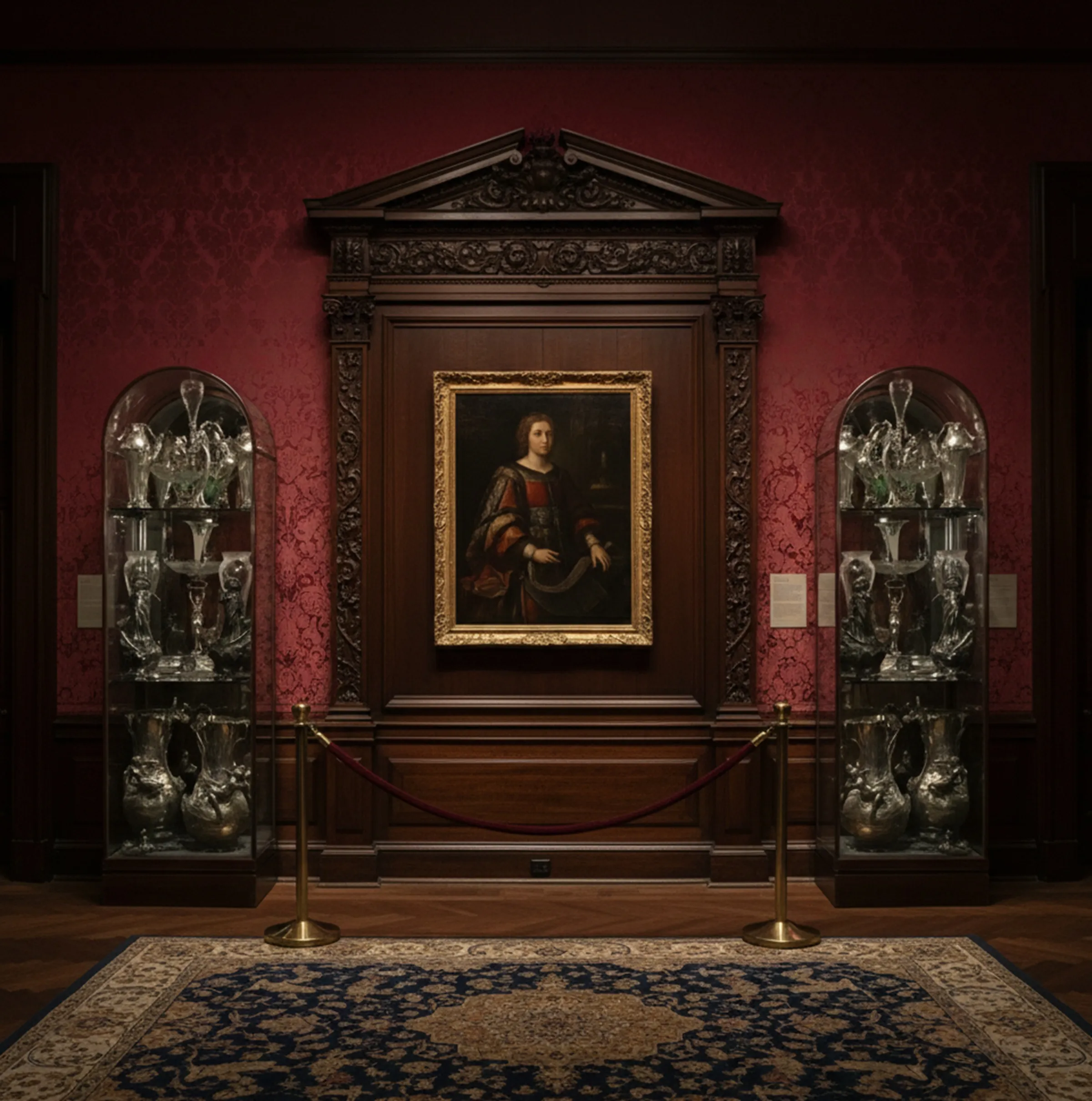 Dos vitrinas antiguas exhiben elegantes artículos decorativos en un ambiente clásico.