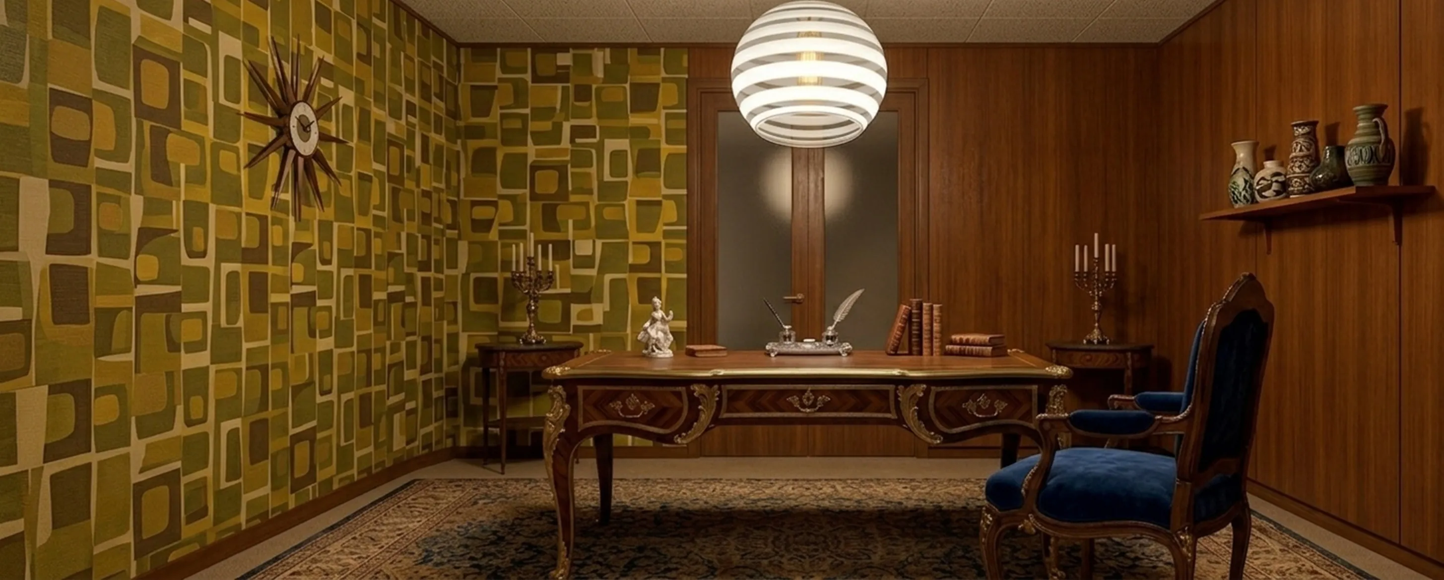 प्राचीन लटकता हुआ दीपक, सुरुचिपूर्ण विवरण और विंटेज सजावट के साथ, शास्त्रीय सेटिंग।