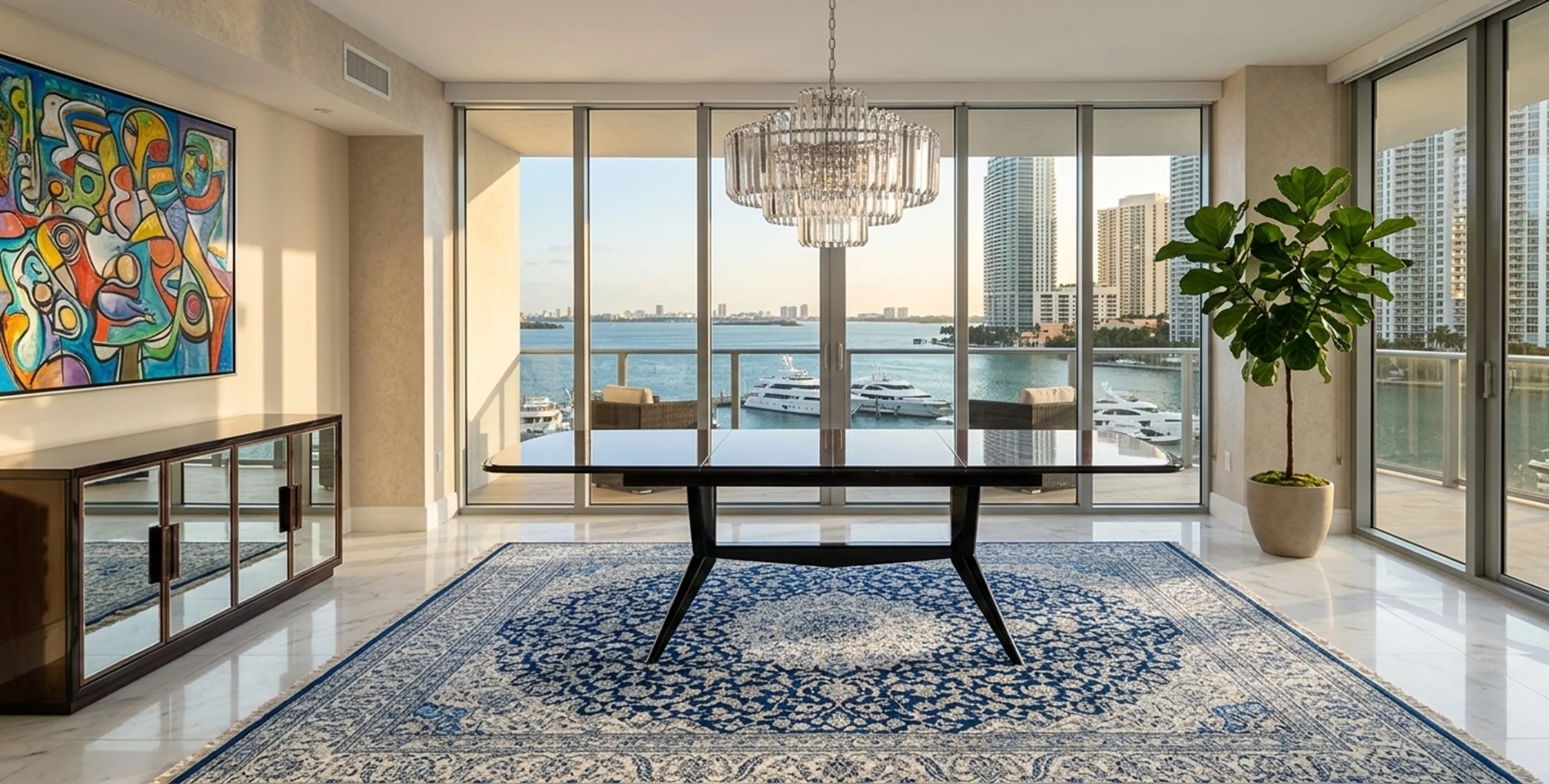 Antique dining table for 8 people with a sea view.
