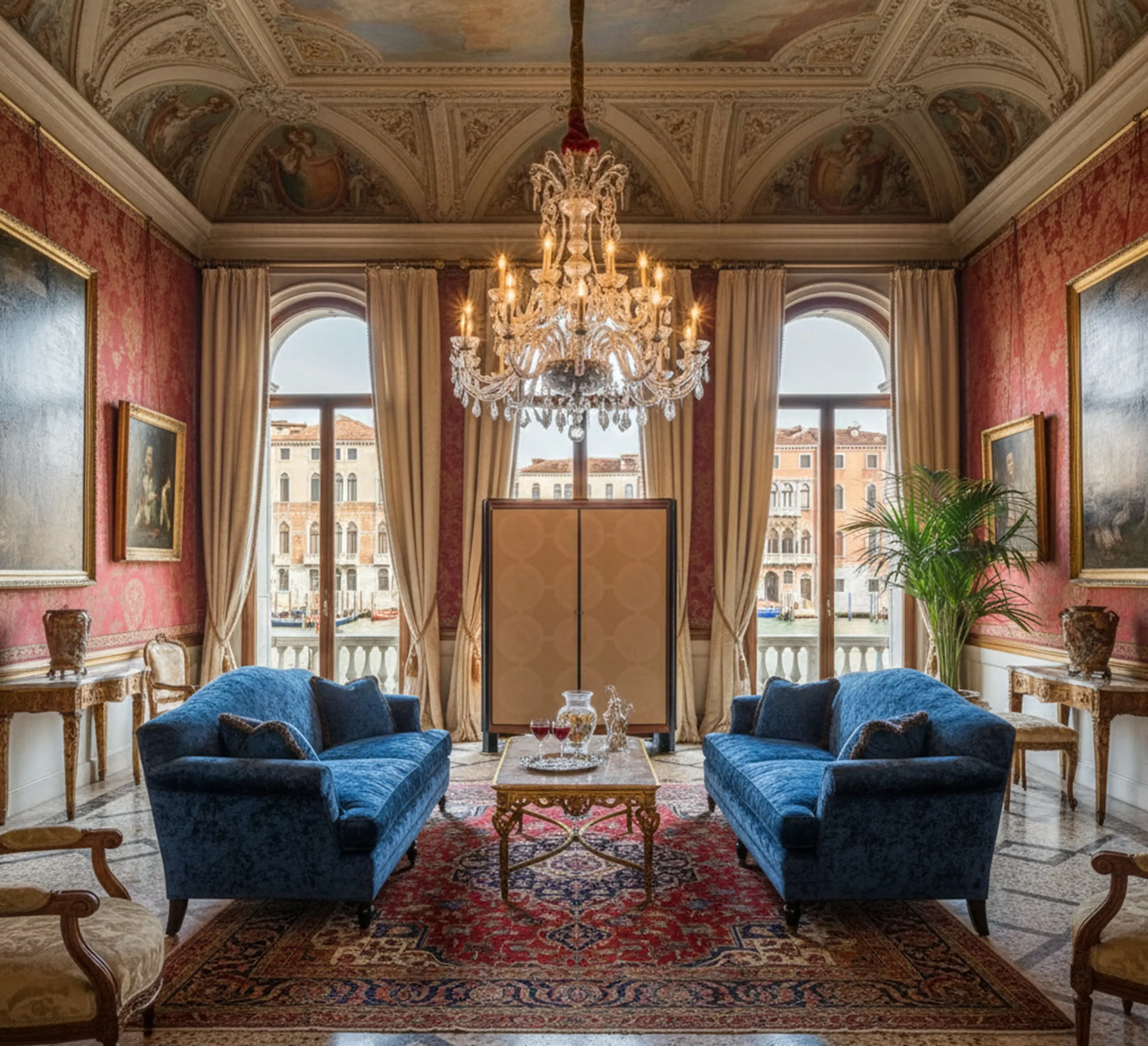 Biblioteca antigua en un elegante salón con luz y arte.