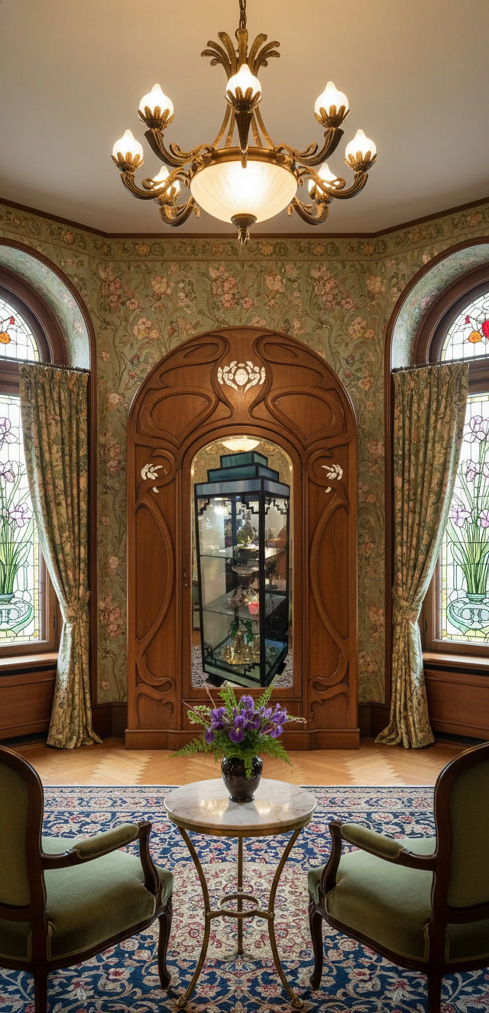 Vitrina antigua en un ambiente elegante con flores y cortinas.