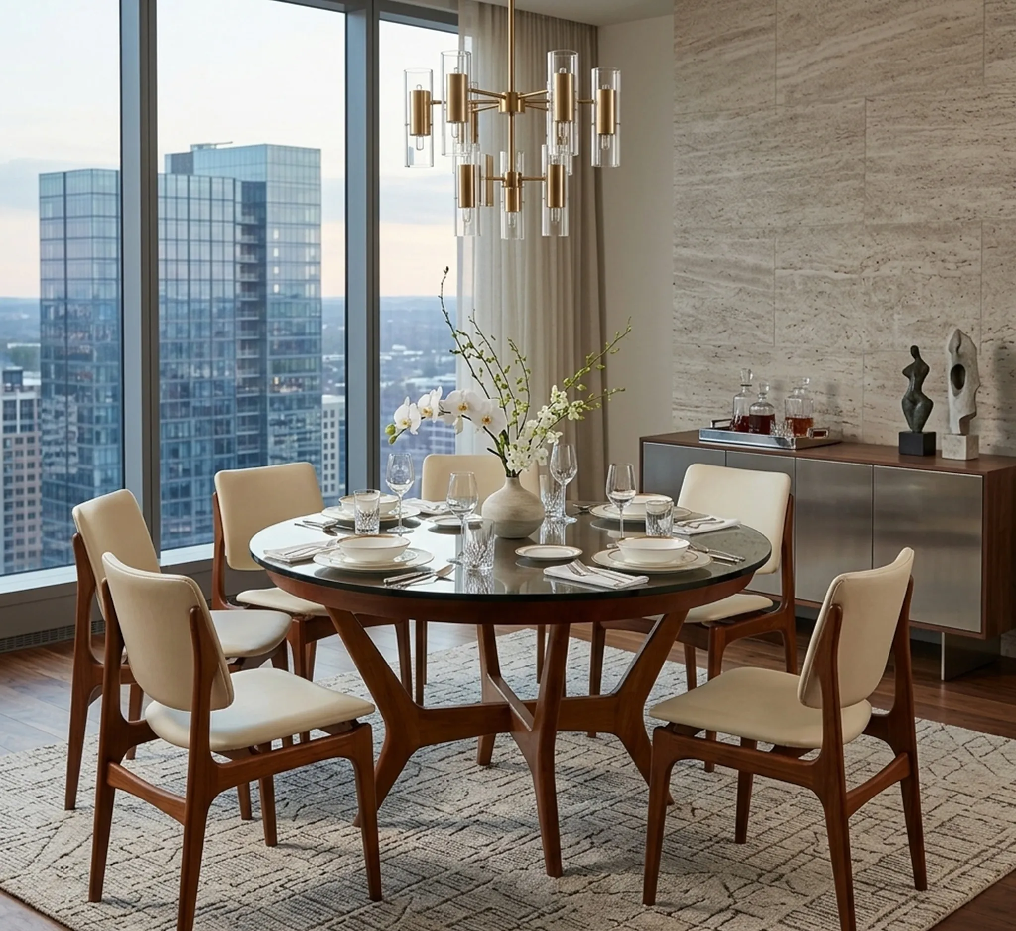 Antique dining table for 6 people with city views.