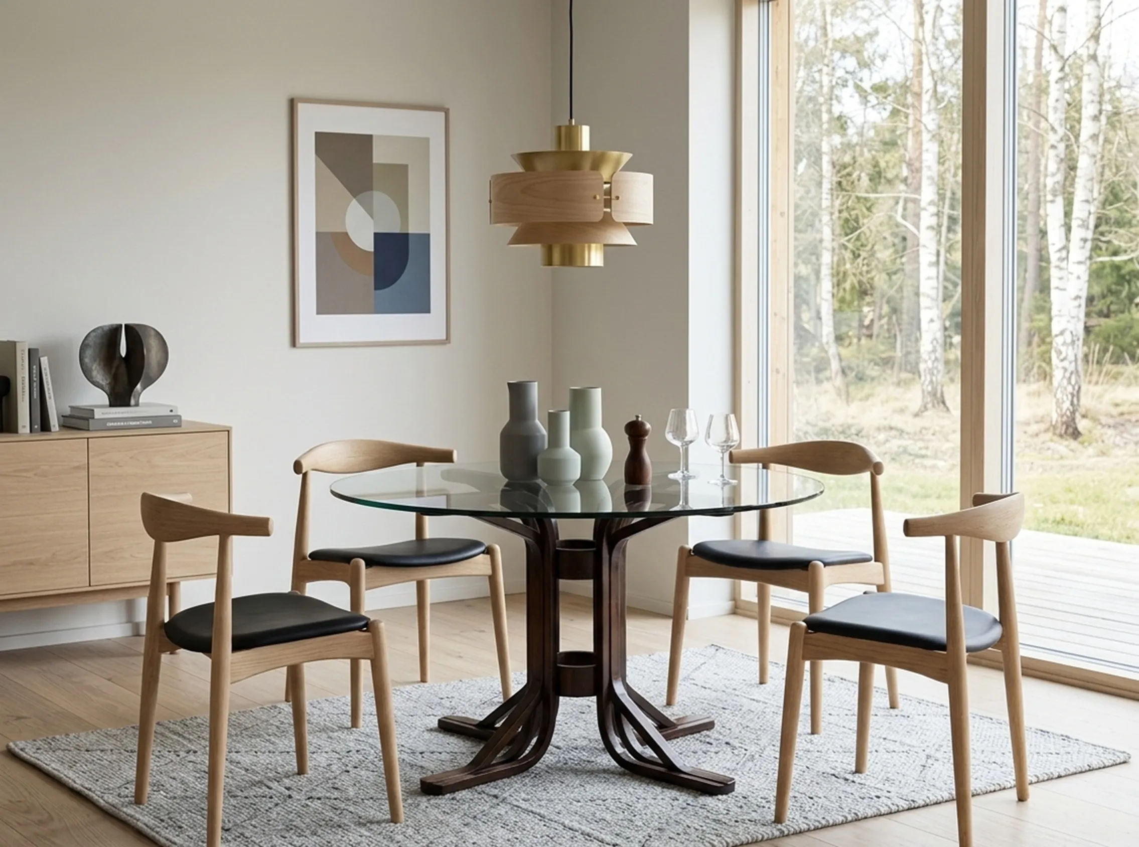 Antique dining table for six people in a modern setting, featuring elegant chairs and minimalist decor.