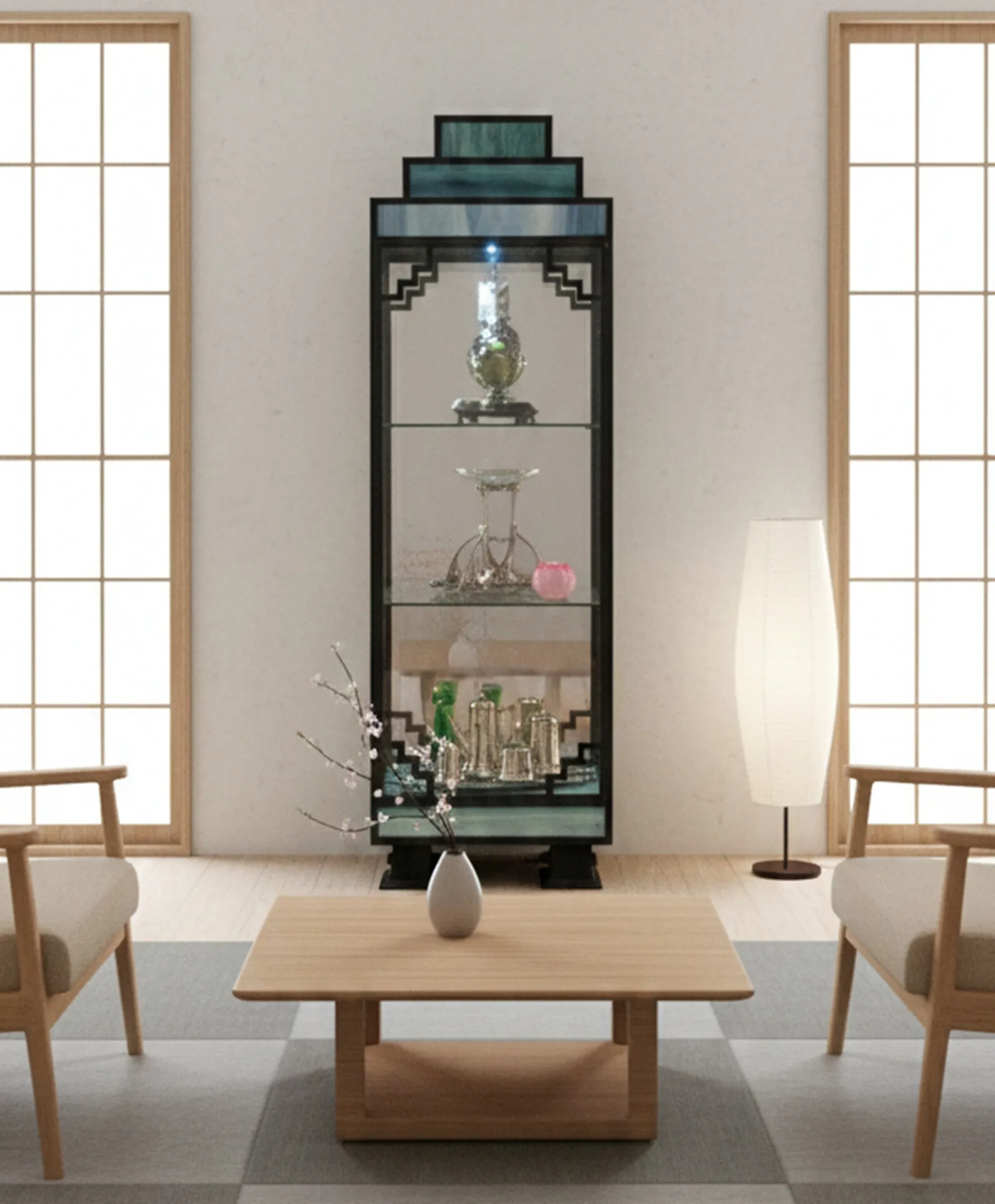 vitrina antigua con decoraciones dentro en ambiente acogedor