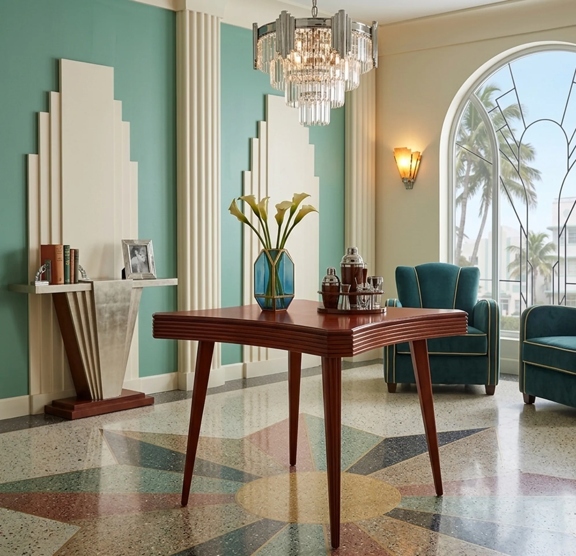 Antique table for 4 people in an elegant setting.