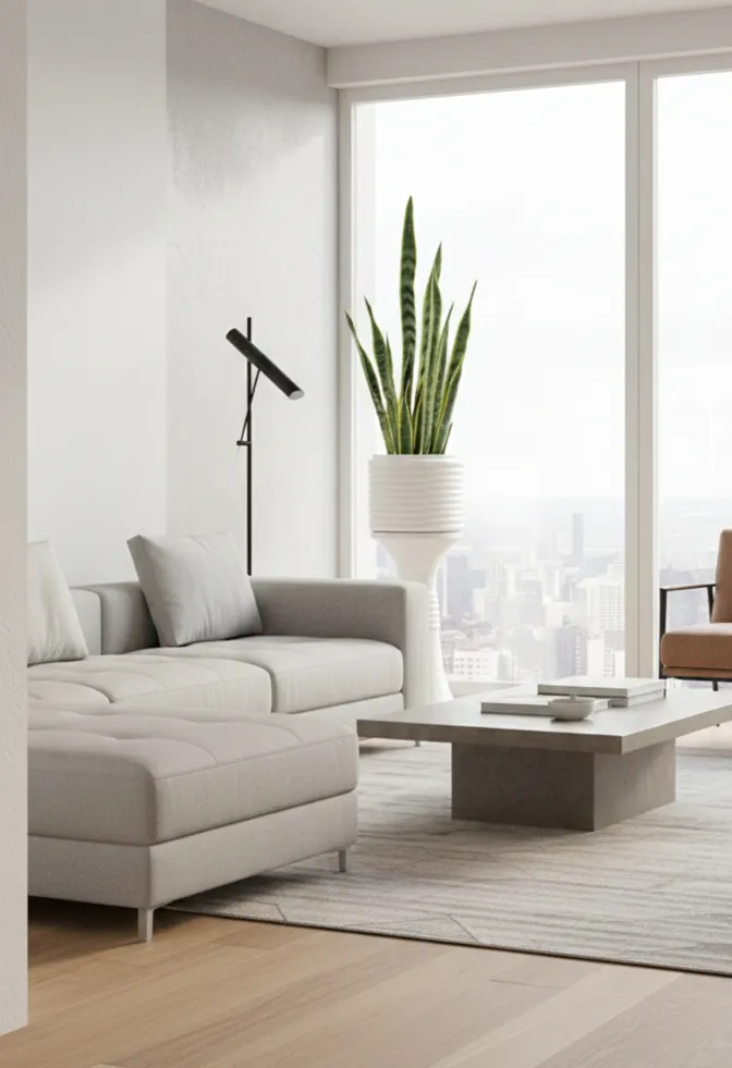 planteur antigo em estilo art deco com planta verde ao lado