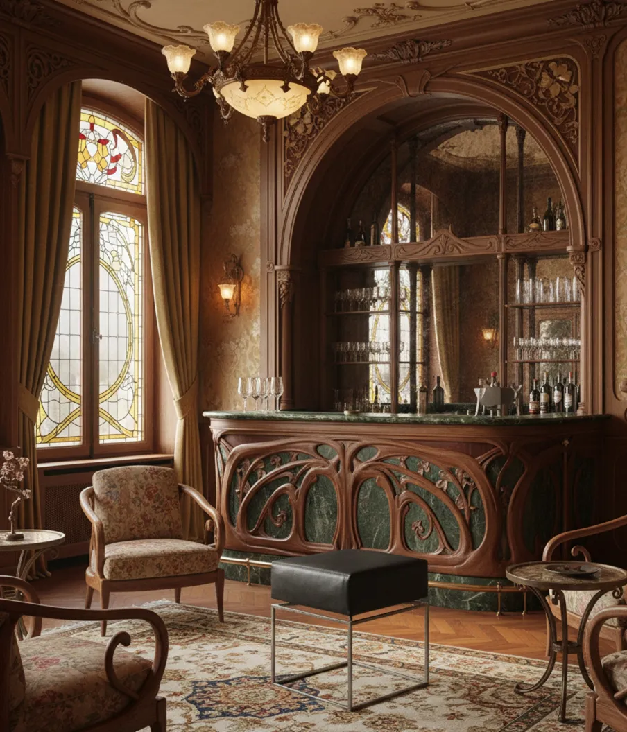 고전적인 스타일의 고대 발받침대, 꽃무늬 소파가 있는 우아한 환경