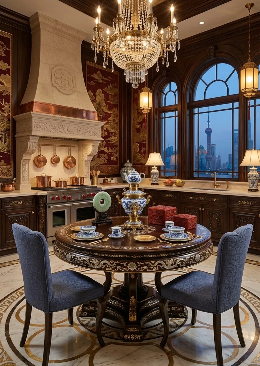 तीन प्राचीन कुर्सियाँ, पुनर्स्थापित करने के लिए, रसोई में खूबसूरती से घिरी हुई।