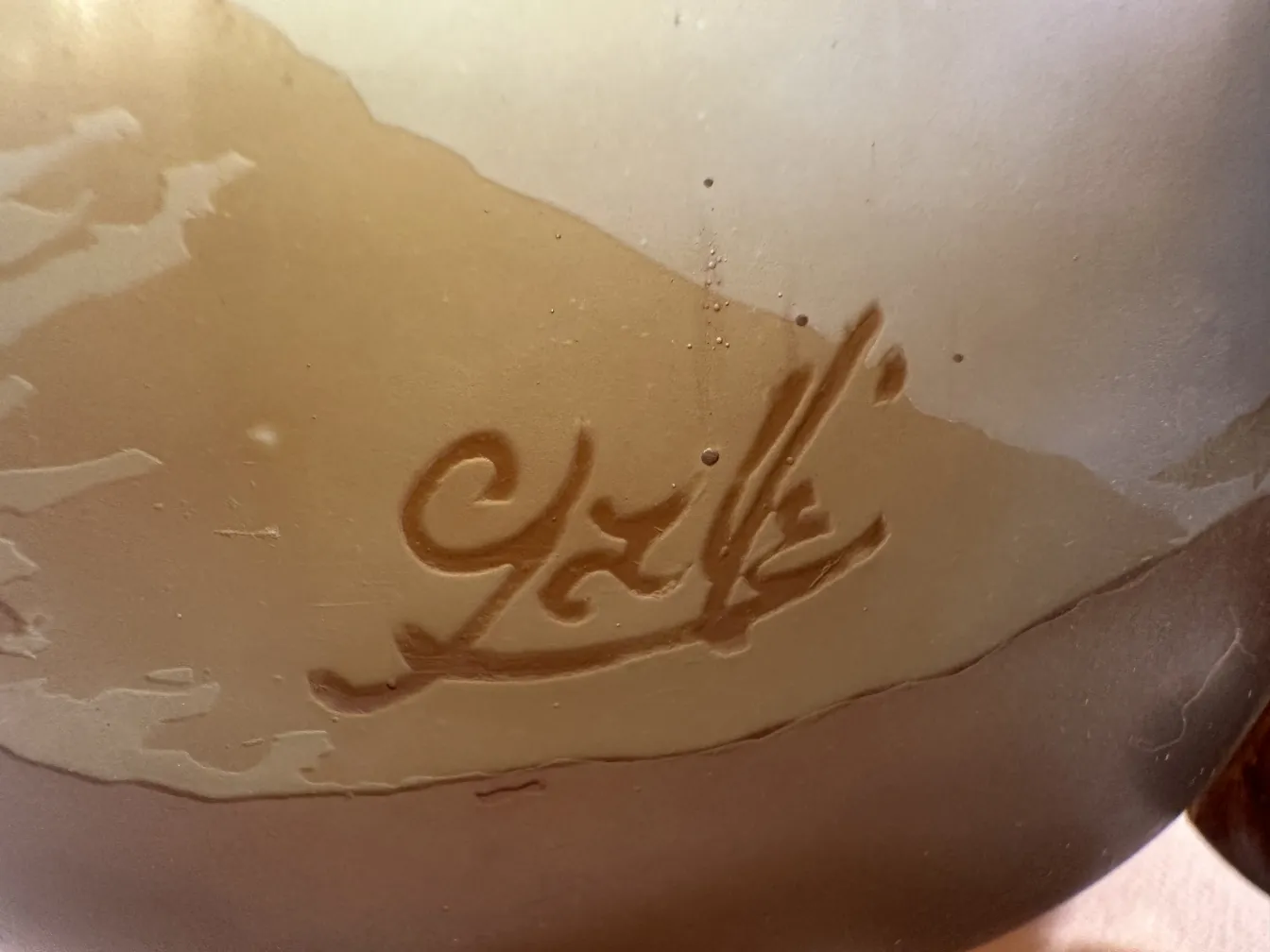 Antique signed glass Gallé, featuring natural landscapes