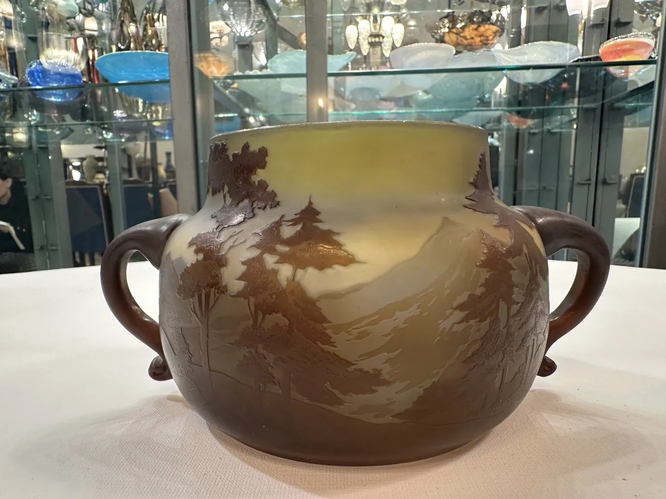Antique signed glass Gallé, featuring natural landscapes
