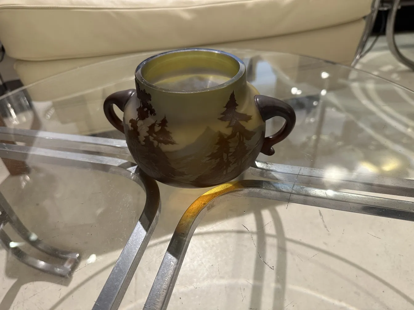 Antique signed glass Gallé, featuring natural landscapes