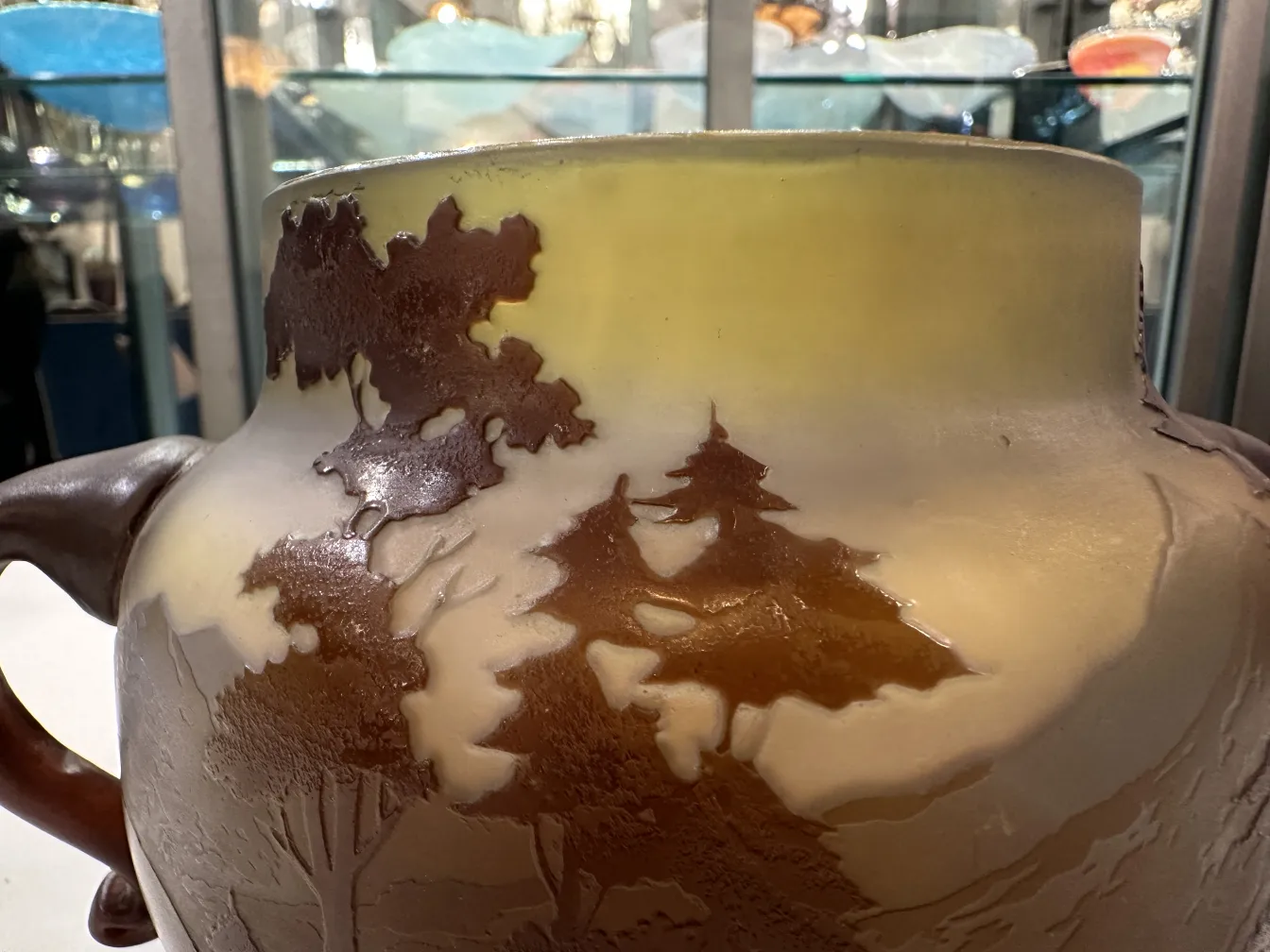 Antique signed glass Gallé, featuring natural landscapes