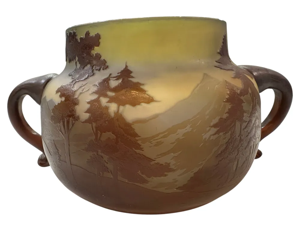 Antique signed glass Gallé, featuring natural landscapes