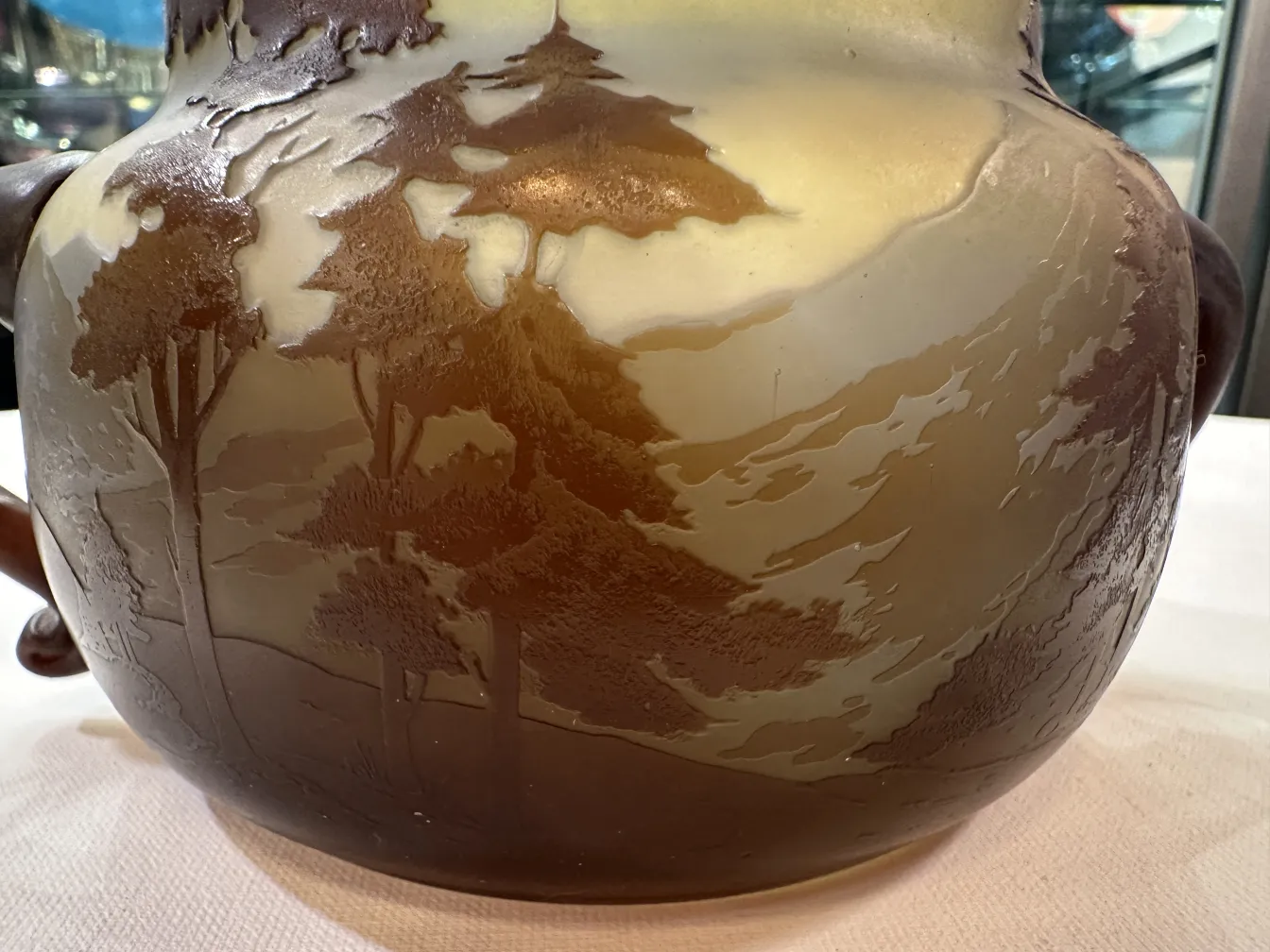 Antique signed glass Gallé, featuring natural landscapes