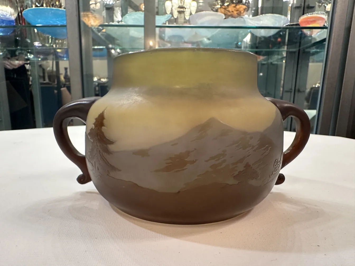 Antique signed glass Gallé, featuring natural landscapes