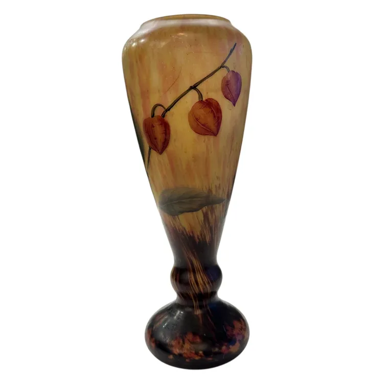 Antique signed Lorrain vase, featuring leaves and flowers