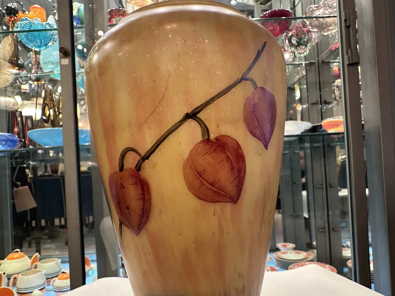 Antique glass vase signed Lorrain with decorative leaves