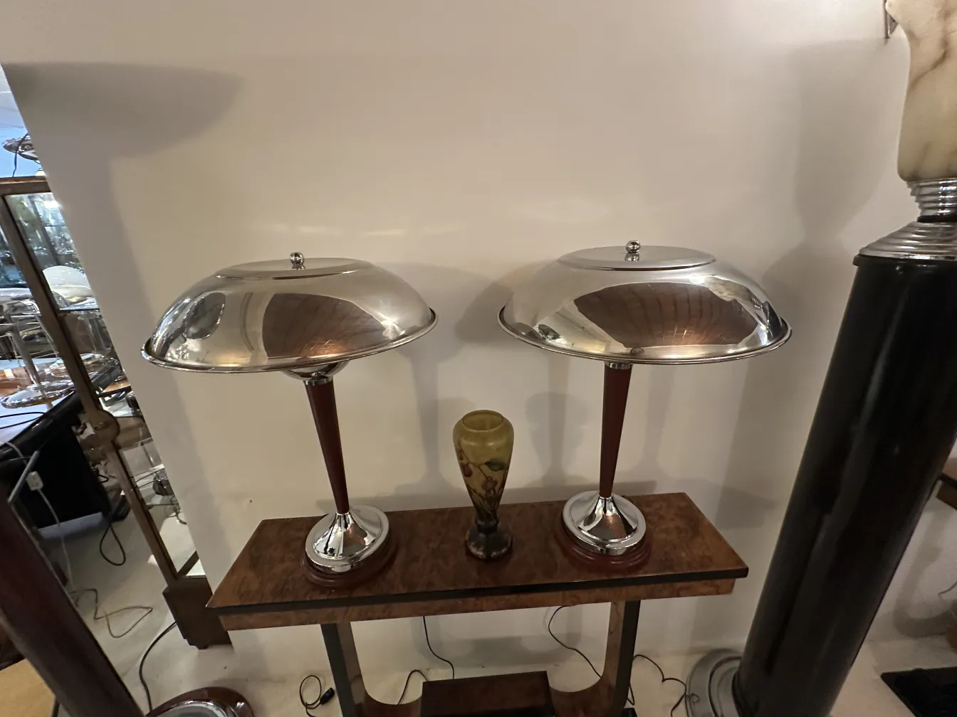 Two antique lamps with a decorative Lorrain item