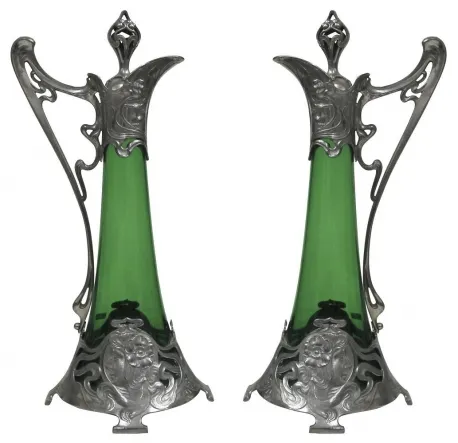 2 antique wmf jars with ornamental detail and green glass
