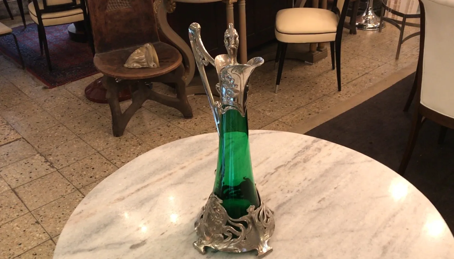2 antique wmf jars with ornamental detail and green glass