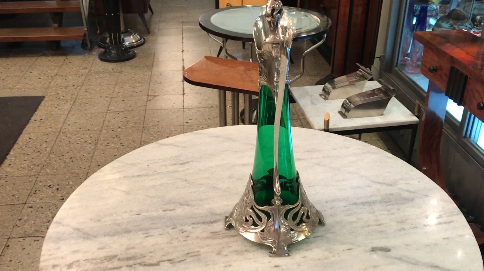 2 antique wmf jars with ornamental detail and green glass