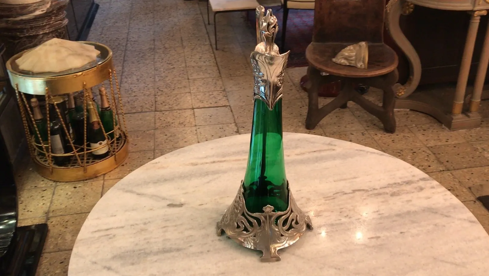 2 antique wmf jars with ornamental detail and green glass